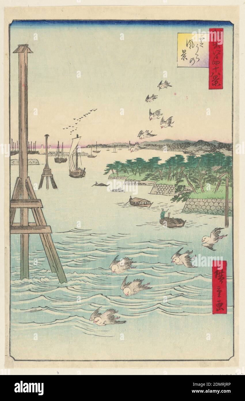 Vista della costa di Shiba (Shibaura no fukei) dalla Serie cento viste famose di Edo, Ando Hiroshige, giapponese, 1797–1858, stampa a blocchi di legno in inchiostro colorato su carta, questa stampa contiene molti esempi dell'uso della prospettiva. Tre gruppi di gabbiani sono collocati sullo sfondo, al centro e in primo piano. Due grandi strutture in legno del lato sinistro presentate nella stessa tecnica di composizione trasportano anche profondità all'interno della stampa. Infine, quattro barche che diminuiscono di dimensioni mentre galleggiano ulteriormente in Edo Bay tentano di sostenere questa composizione., Giappone, 1856, Paesaggi, Stampa Foto Stock