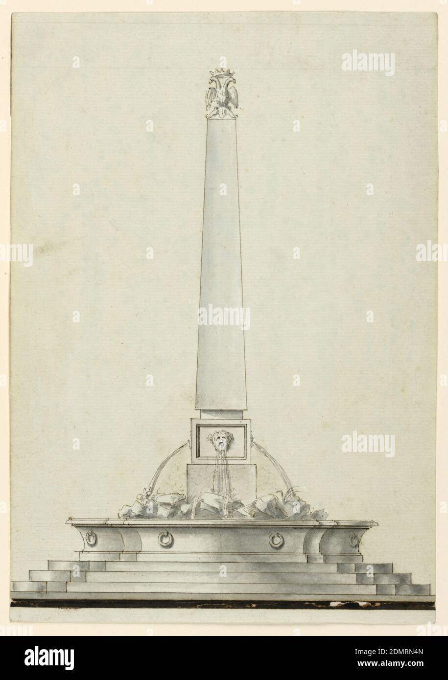 Elevazione di una Fontana, penna e inchiostro marrone, pennello e lavaggio grigio, bianco risaltante su carta deposta blu chiaro, obelisco troncato sormontato da un'aquila a doppia testa coronata. L'acqua scorre dalla bocca di una maschera in un bacino con lavori di roccia. Una base a gradini sotto., Italia, ca. 1790, architettura, disegno Foto Stock