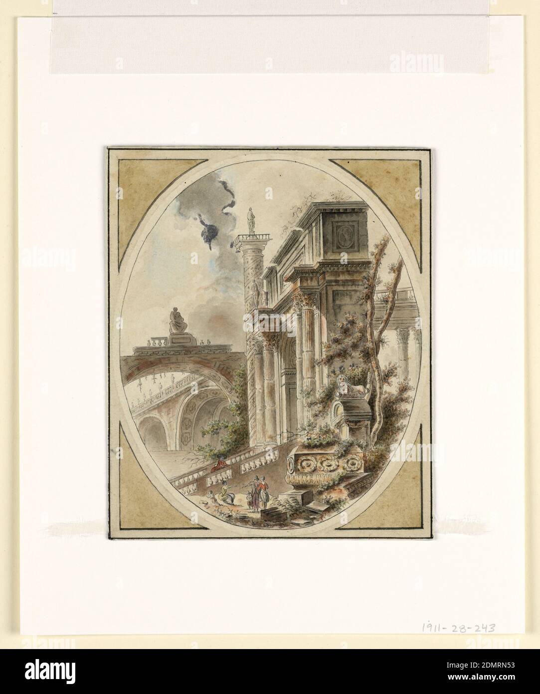 Fantasy of an Architectural Ruin, Jean-Henry-Alexandre Pernet, francese, ca.1763 – ca.1790, penna e inchiostro nero, pennello e nero, lavaggio marrone, acquerello, grafite gouache bianco su carta defilata biancastra, sepolcri antichi e rovine con figure in primo piano sono presentati in un formato ovale. Una scalinata conduce ad un arco trionfale a destra, adiacente ad una colonna. Nella distanza a sinistra, forme architettoniche che incorporano archi bilanciano la composizione. Righe rigate in penna e inchiostro., Francia, ca. 1770, architettura, disegno Foto Stock