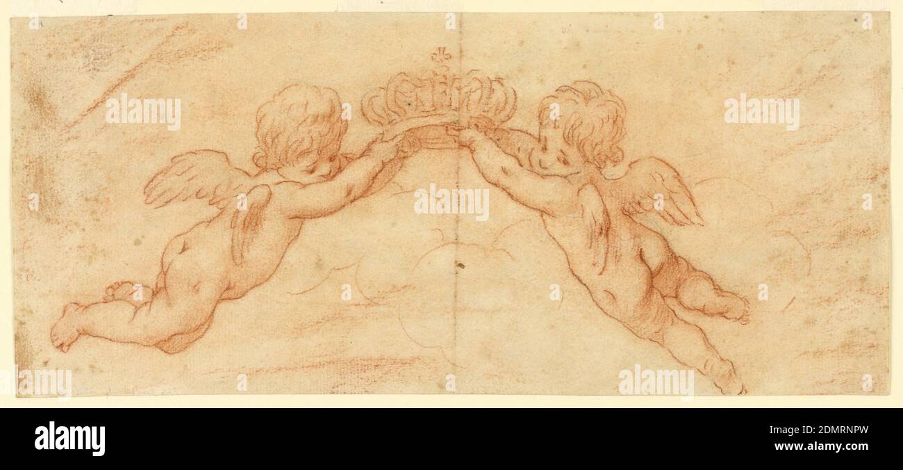 Putti con corona, gesso rosso su carta, due putti volanti tra nuvole che portano una corona decorata con una croce., Italia, 1650–1850, ornamento, disegno Foto Stock