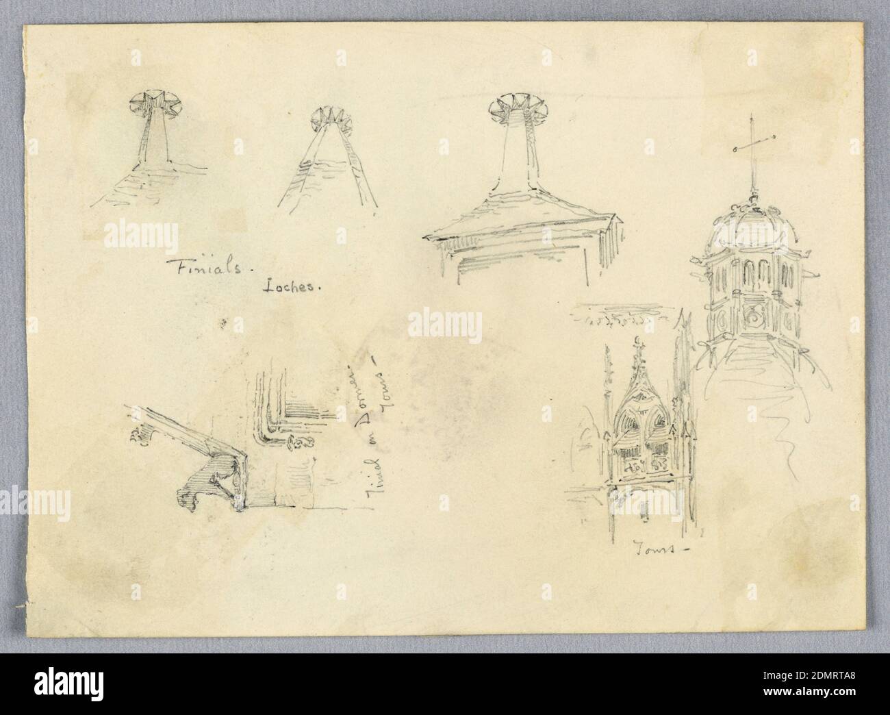 Schizzi architettonici, Loches and Tours, Francis Augustus Lathrop, americano, 1849 - 1909, grafite su carta, piccoli schizzi di finalici e altre caratteristiche architettoniche, etichettati., ca. 1892, architettura, disegno Foto Stock