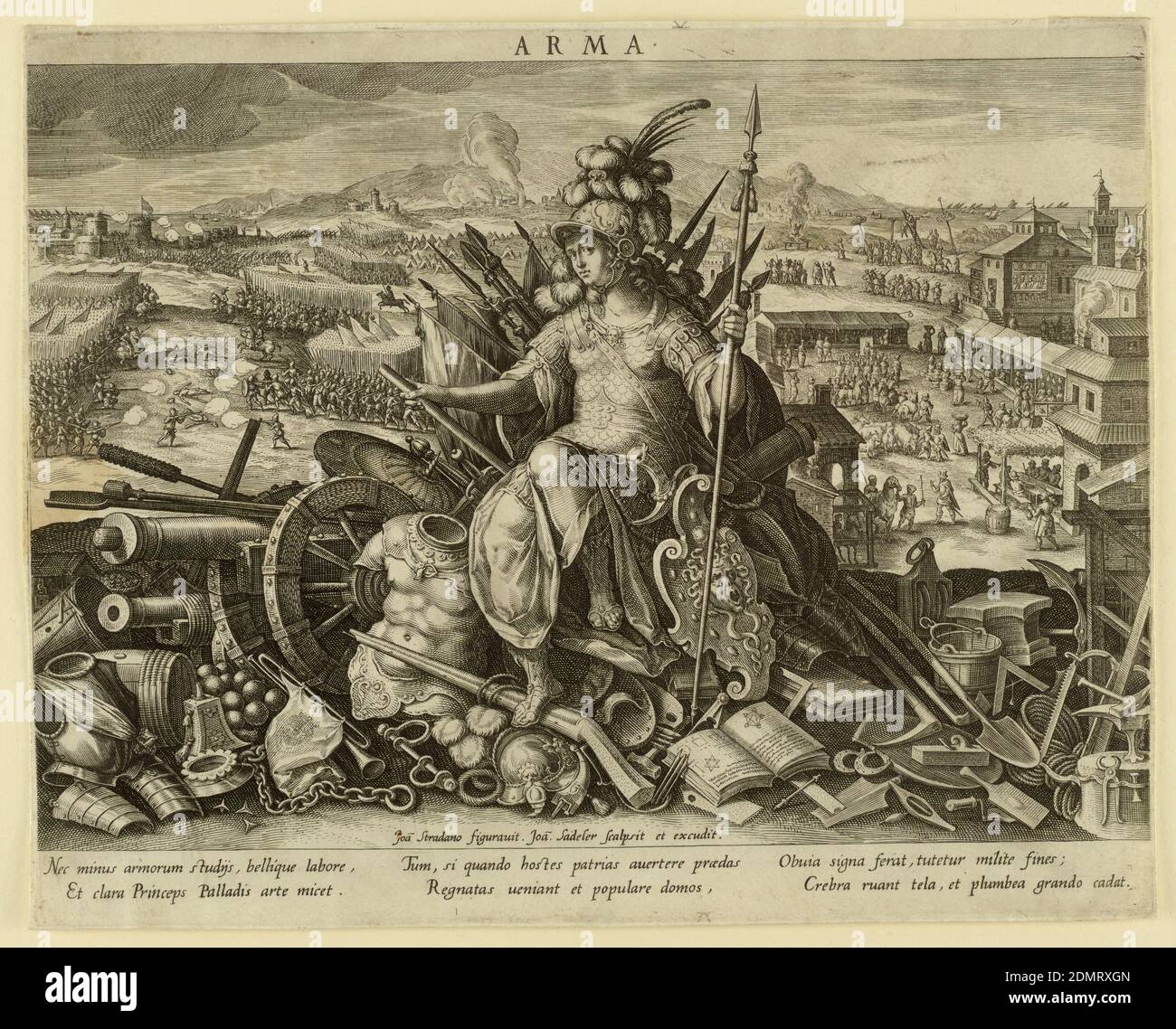 Minerva, o 'arma' (Allegoria dell'Arte della Guerra), pl. 2 nello schema, seu Speculum Principum (Skills of a Prince) serie, Jan Sadeler, The Elder, ca. 1550 – 1600, Jan van der Straet, detto Stradanus, fiammingo, 1523–1605, Carlo Emmanuele i, duca di Savoia, francese, 1562 - 1630, Caterina Michelle di Spagna, duchessa di Savoia, spagnola, 1567 - 1597, incisione su carta, in primo piano, la dea Minerva, O Pallas Athena, rivestito in armatura con lo scudo di Medusa, è seduto su un mucchio di oggetti associati alla guerra, tra cui un cannone, e un trattato militare e strumenti come un tamburo Foto Stock