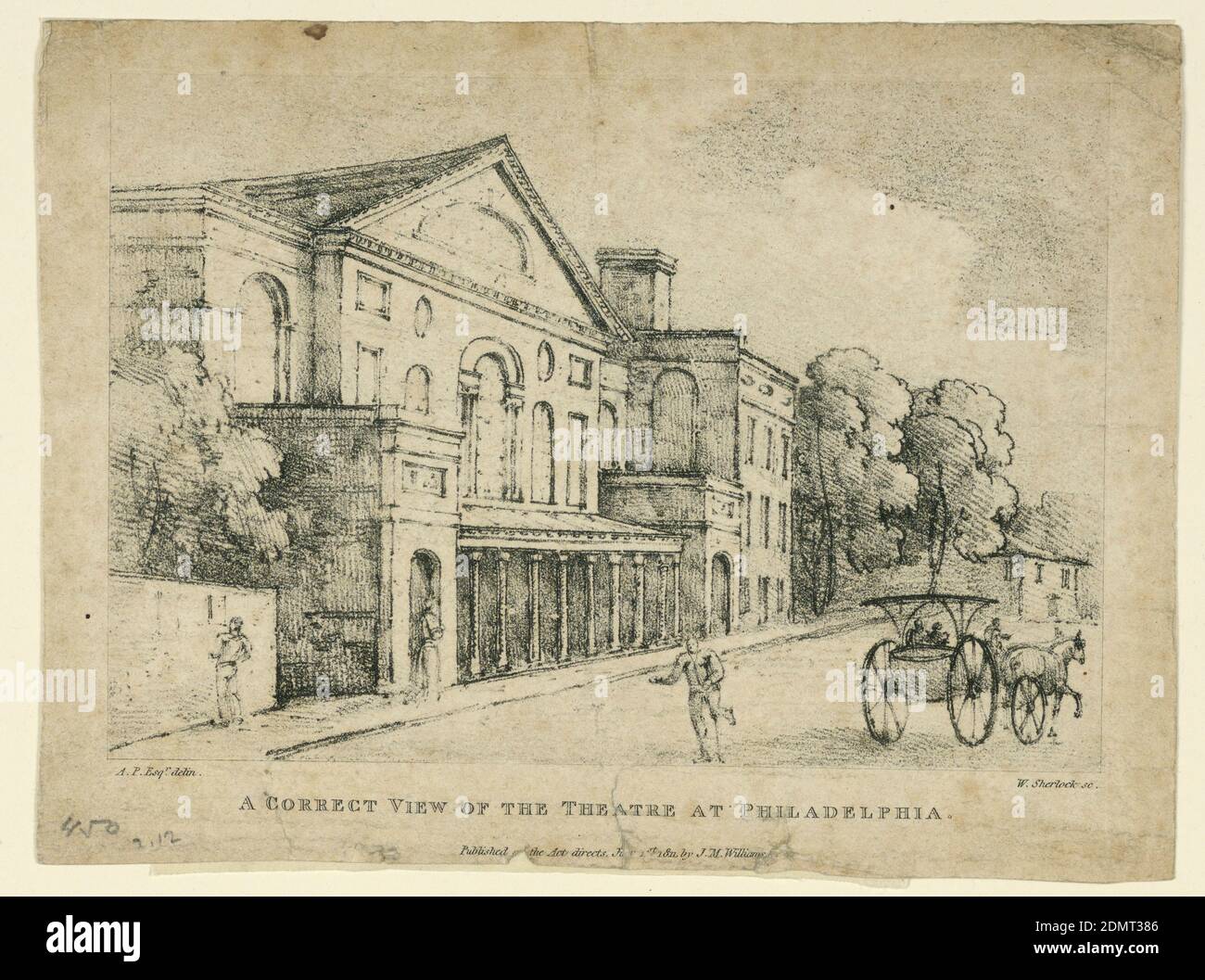 First Chestnut Street Theatre, Philadelphia, A.P., William Sherlock, J. M. Williams, Crayon incisione su carta, rettangolo orizzontale. Vista obliqua. Una carrozza viene mostrata sulla strada. Didascalia: A. P. Esq. Delin, W. Sherlock sc/ UNA VISTA CORRETTA DEL TEATRO DI PHILADELPHIA. Pubblicato [come] l'atto dirige 1 luglio 1811, da J.M. Williams., Europa e Stati Uniti, Inghilterra, 1811, architettura, Stampa Foto Stock