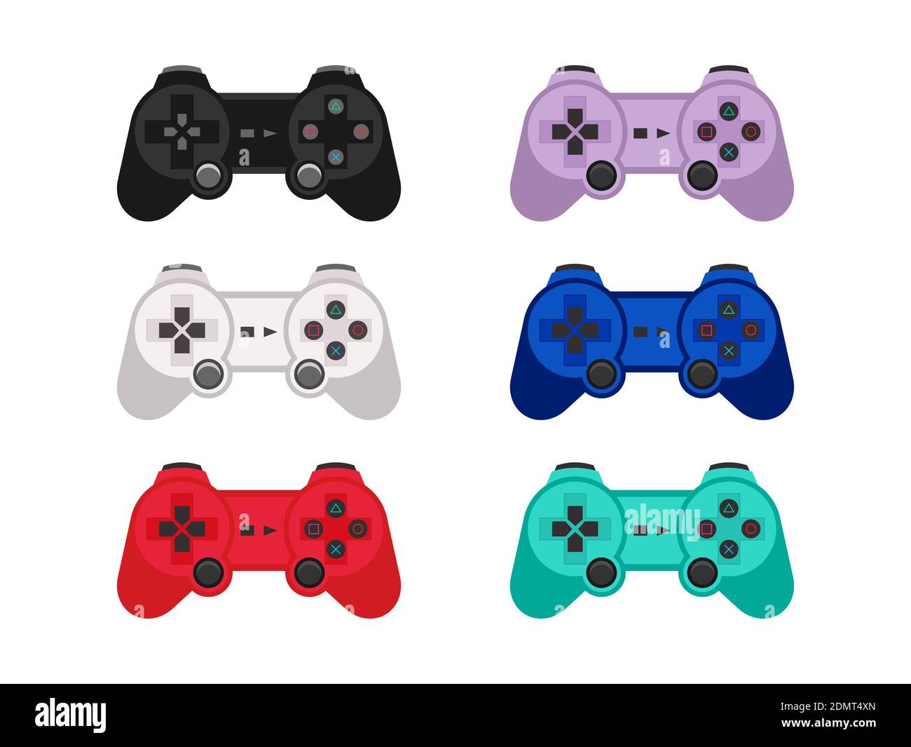 Controller per videogiochi. Collezione di sei diversi joystick colorati. Gamepad wireless per console o giochi per PC. Icona di gioco. Vettore Illustrazione Vettoriale