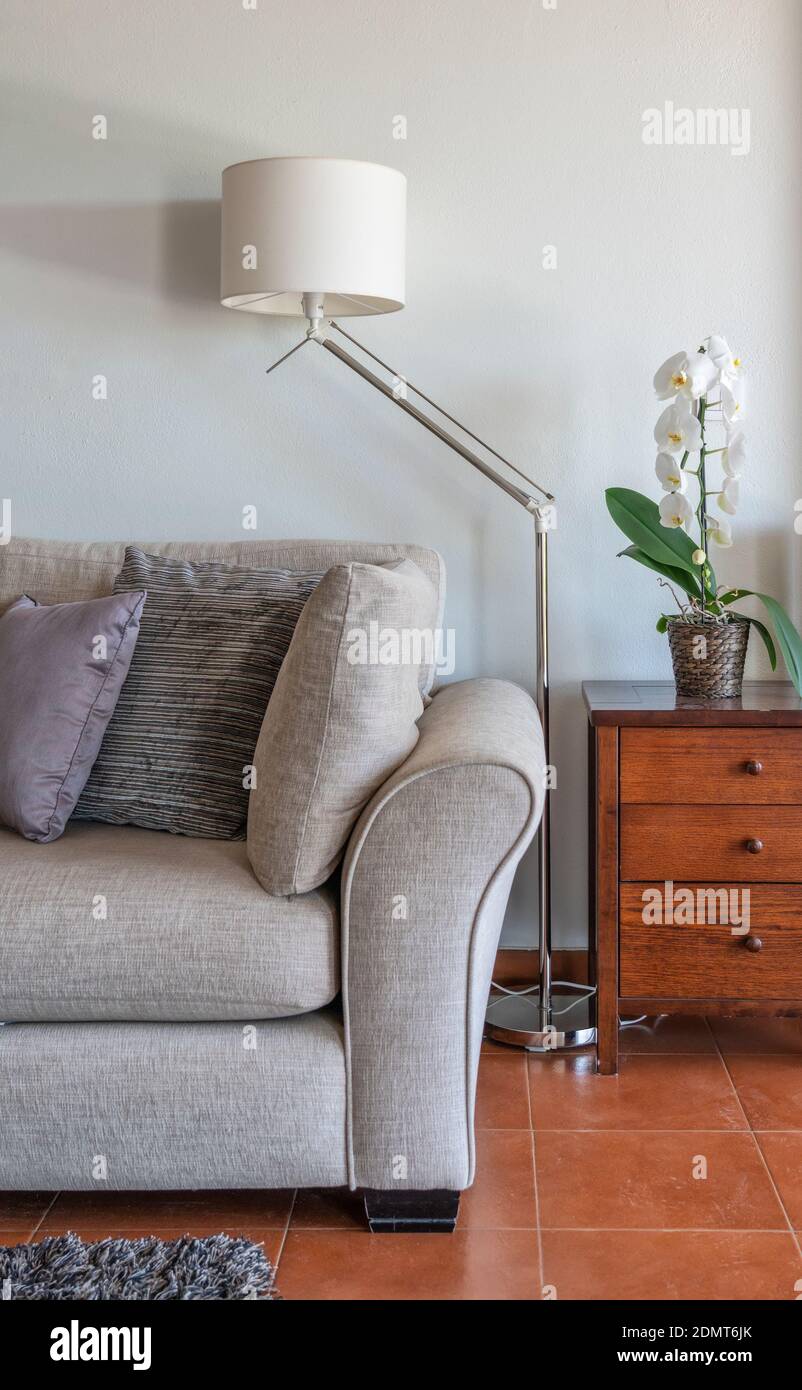 Decorazioni interne di un moderno soggiorno, con divano e lampada. Verticale. Foto Stock