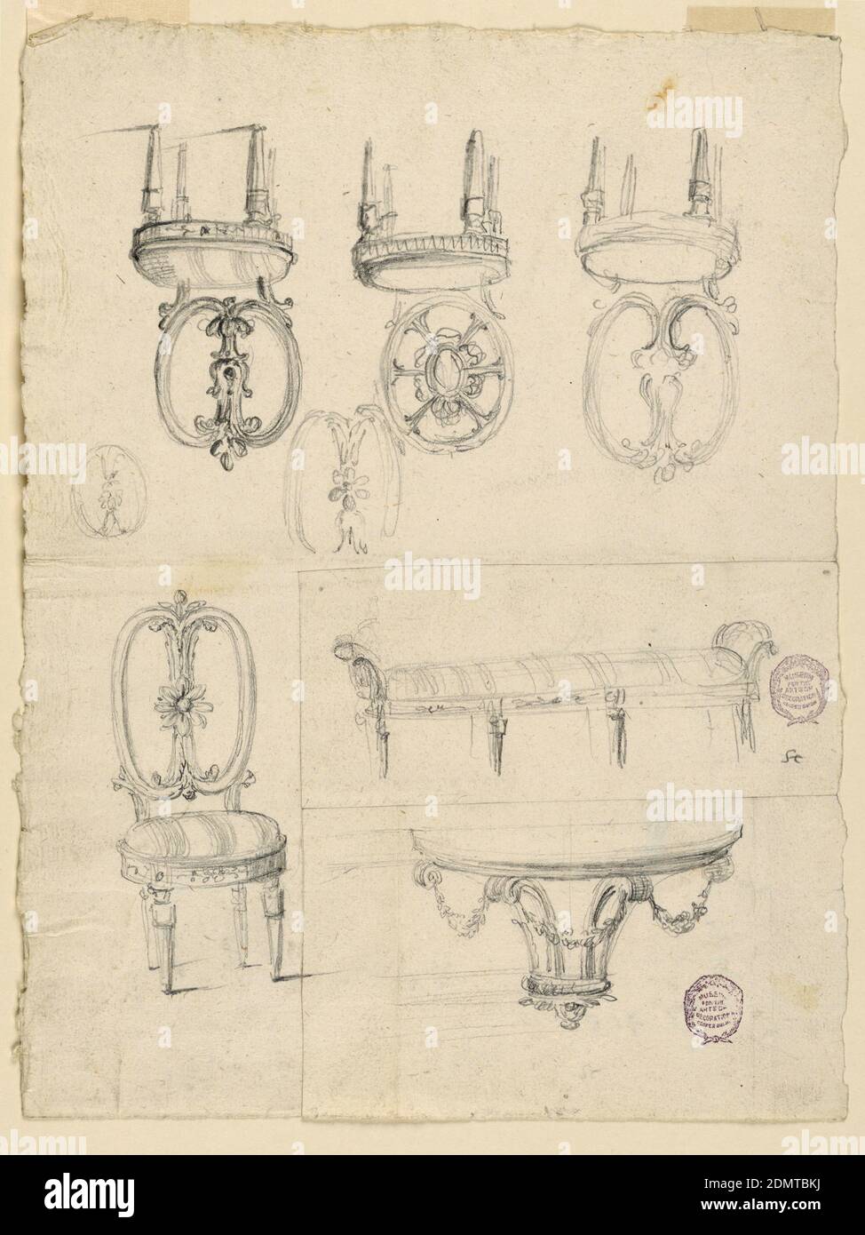 Sedie e disegni architettonici, grafite su carta bianca, quattro sedie con sedili rotondi, Italia, 1785–1795, mobili, disegno Foto Stock