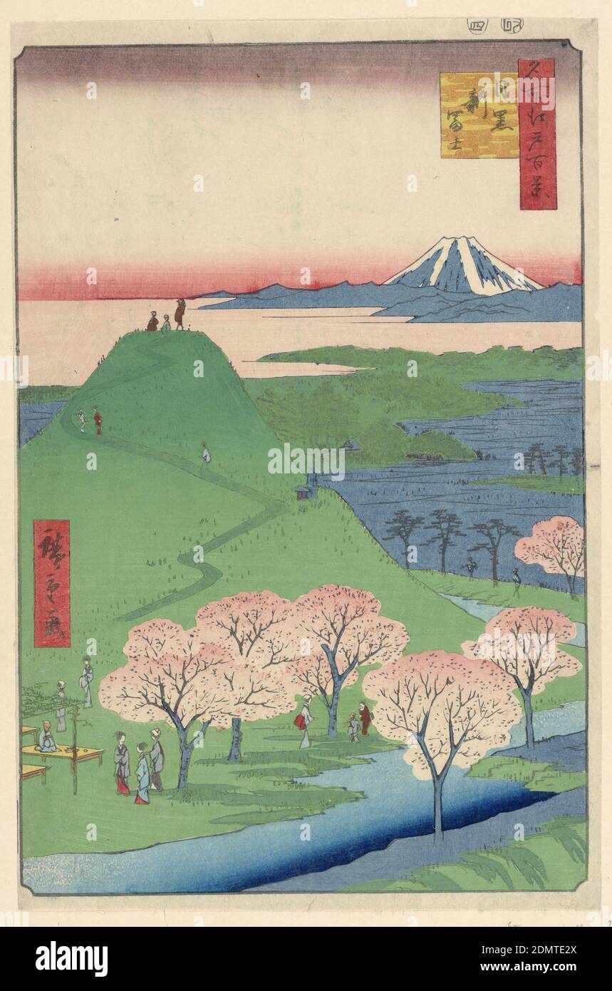 New Fuji, Meguro (meguro, Shin-Fuji) dalla Serie cento viste famose di Edo, Ando Hiroshige, giapponese, 1797–1858, stampa a blocchi di legno in inchiostro colorato su carta, il primo piano contiene fiori di ciliegio fioriti alberi che festooned lungo l'Acquedotto Mita. Sopra mostra, un sentiero che si perviene fino alla cima di un replicato Monte Fuji. Questo tumulo è stato costruito nel 1829 così come altri mini tumuli per adorare il vero Fuji. Poiché il Monte Fuji aveva rotto 18 volte in questo periodo, queste mini cime erano una salita più sicura per la gente avventurosa. Alle donne non era consentito salire su Fuji Foto Stock