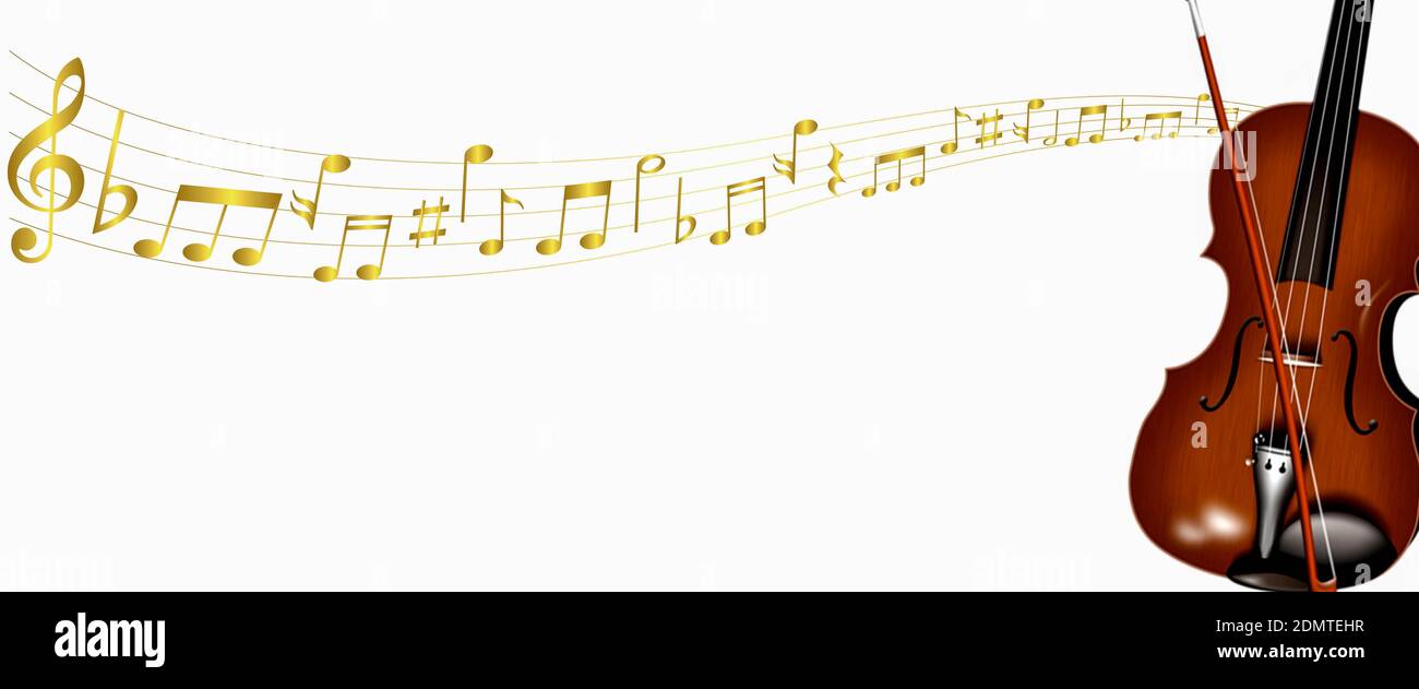 Immagine sfocata fuori fuoco di violino con note musicali su sfondo bianco con spazio di copia. Immagine per negozio di musica, scuola di musica e lezioni di violino o s. Foto Stock