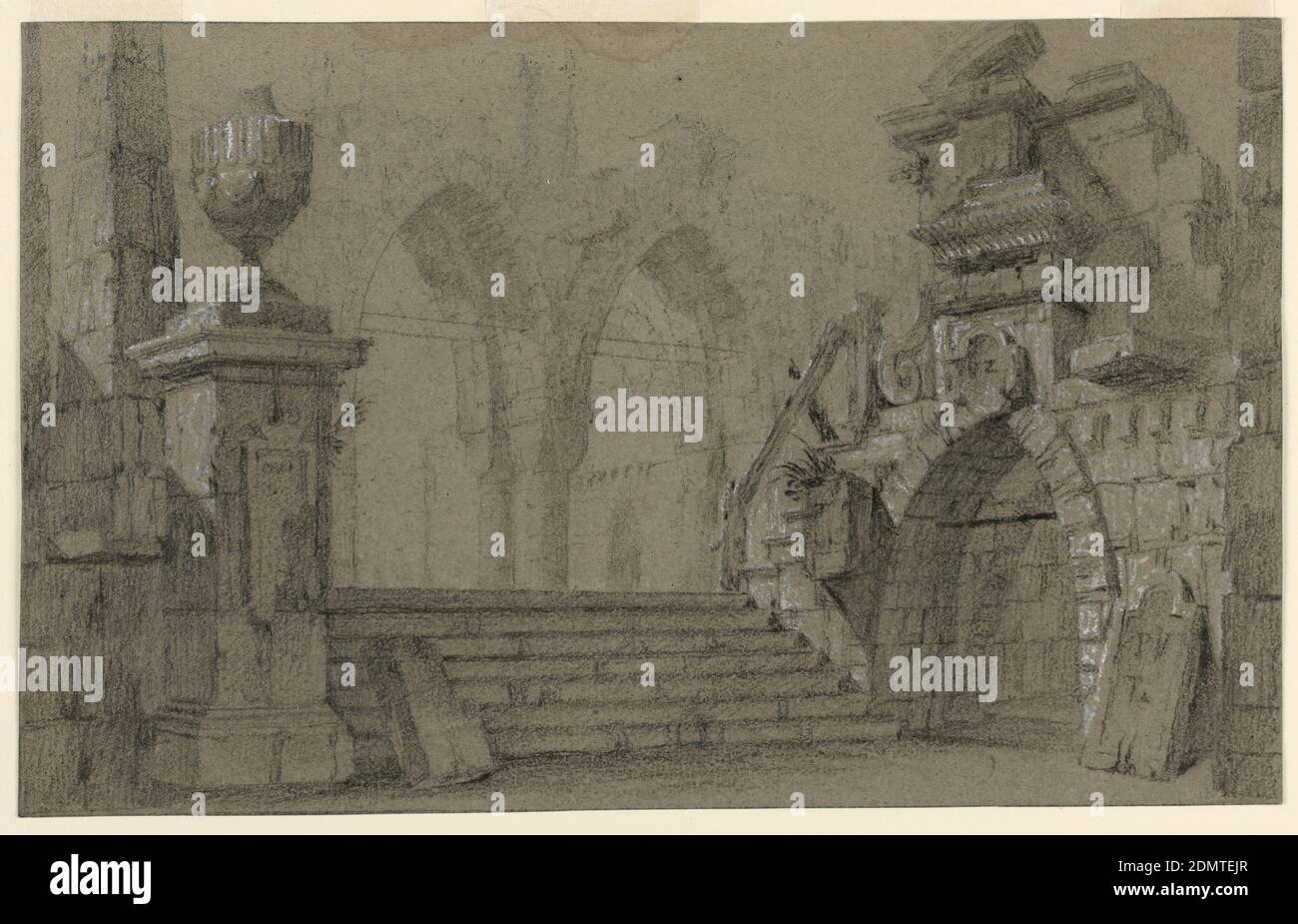 Scenografia, rovine gotiche, carbone, gesso bianco su carta, rettangolo orizzontale. Scale tra le rovine che portano ad archi gotici., Italia, fine XVIII secolo, teatro, disegno Foto Stock