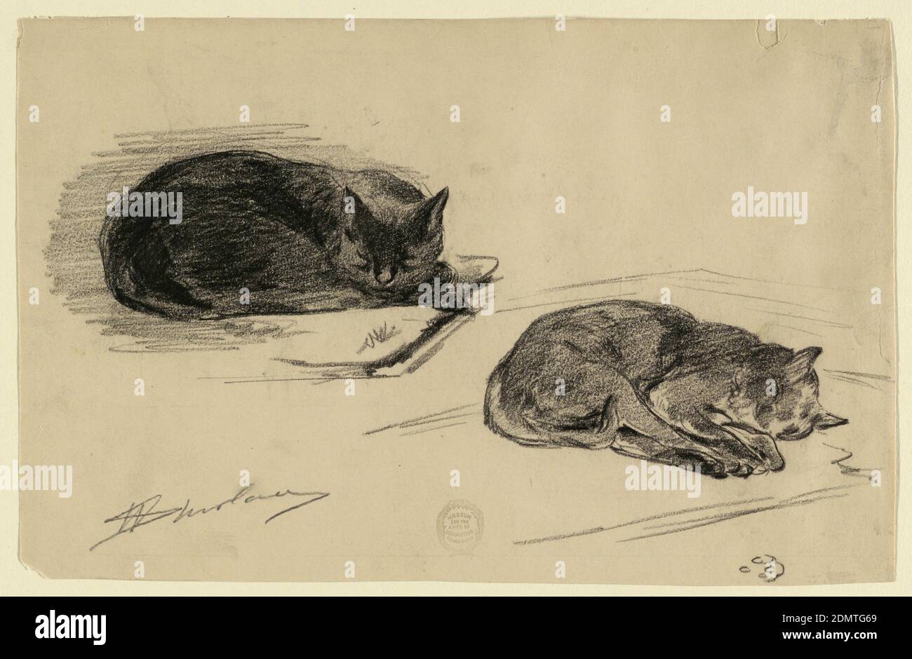 Studio di Cats, Walter Shirlaw, americano, b. Scotland, 1838–1909, Black Crayon su carta, Studi di due gatti addormentati. Contorno della stampa della zampa, in basso a destra., USA, 1875–80, Animali, disegno Foto Stock