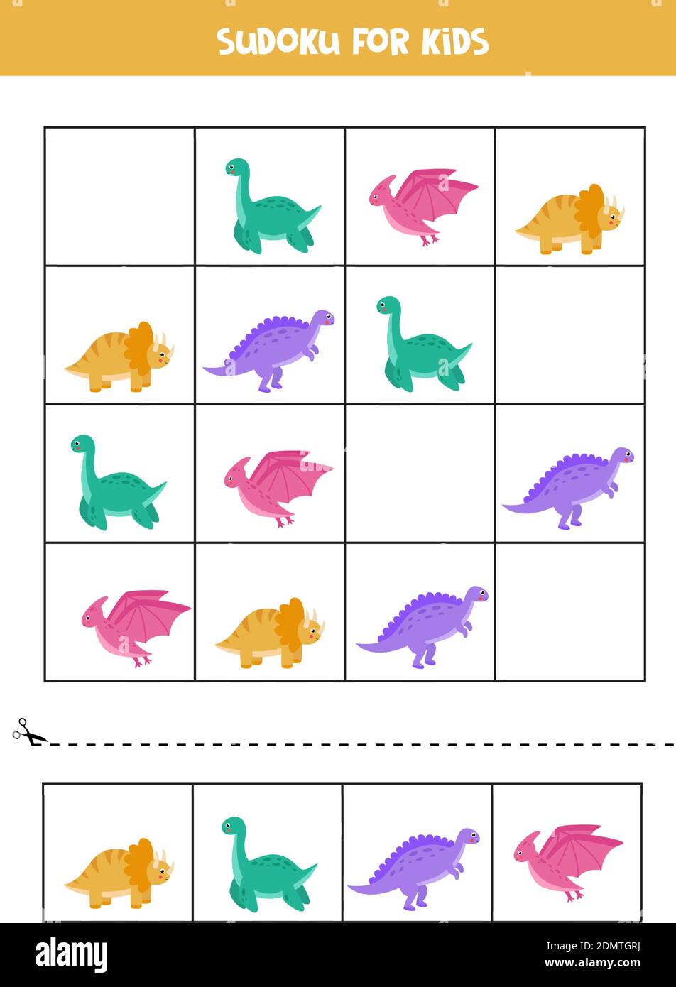 Gioco di puzzle Sudoku per bambini. Foglio di lavoro con simpatici dinosauri colorati. Illustrazione Vettoriale