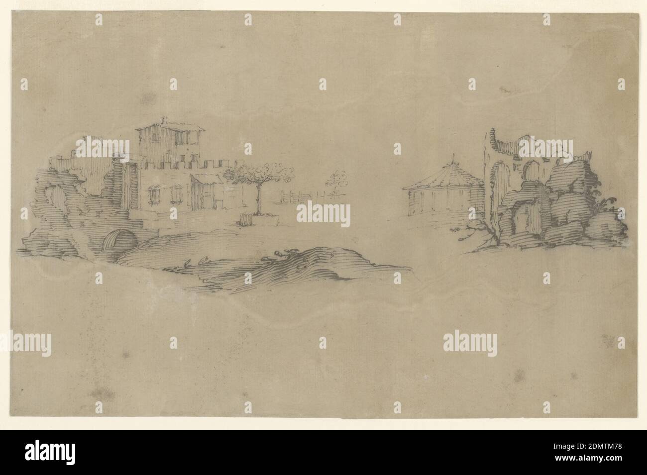 Disegni di un edificio e di una rovina, penna e inchiostro nero su carta posata, a sinistra: Disegno di un edificio merlato su un culvert e un albero davanti ad esso; a destra: Un edificio circolare e una struttura circolare rovinata., Firenze, Italia, 1610–30, architettura, disegno Foto Stock