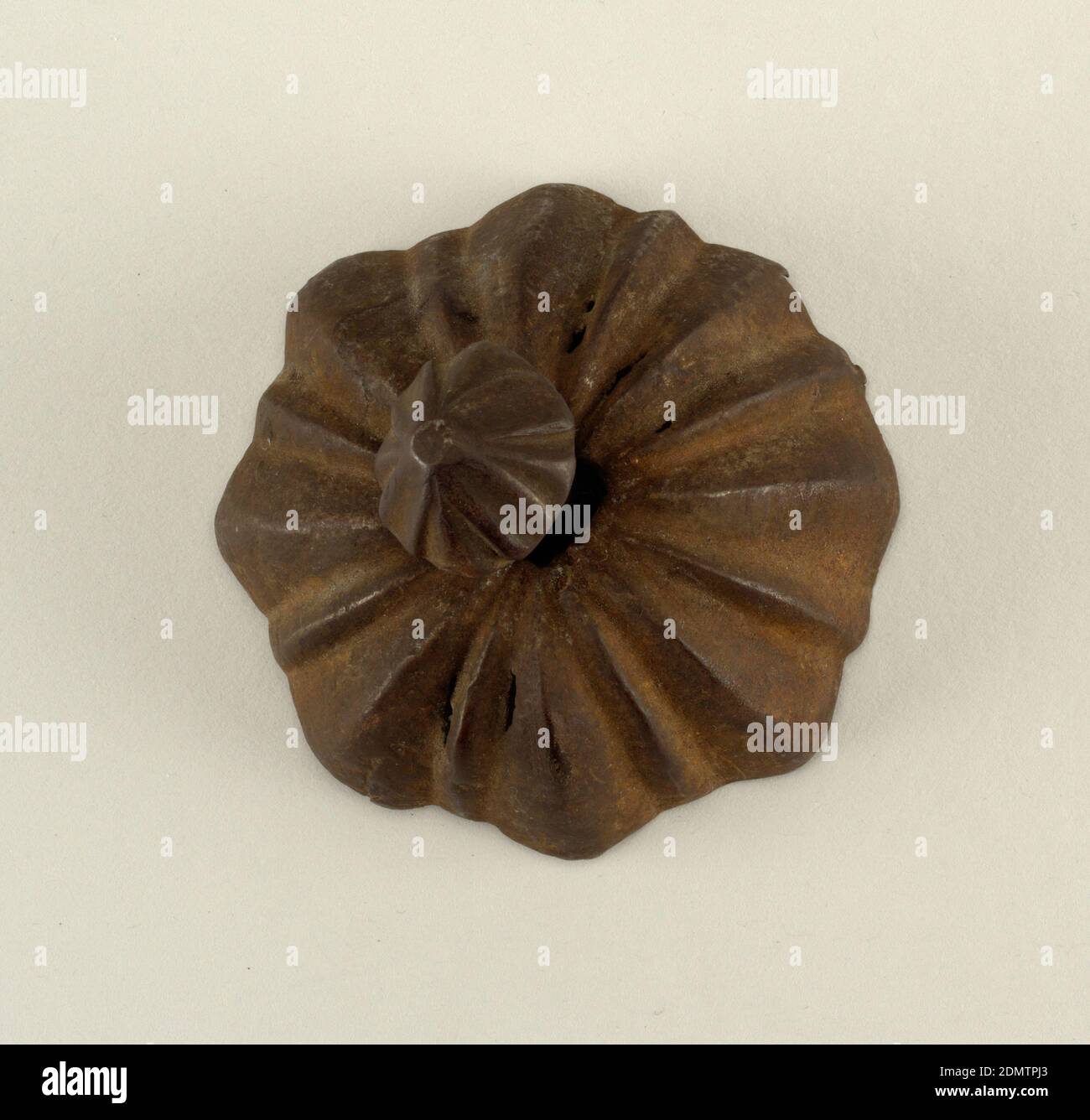 Decorative door boss and nail, Wrought iron, Gadrooned hemispherical boss. Nail has gadrooned mushroom-shaped head on square shank., Spain, 15th century, metalwork, Decorative Arts, Decorative door boss and nail Foto Stock