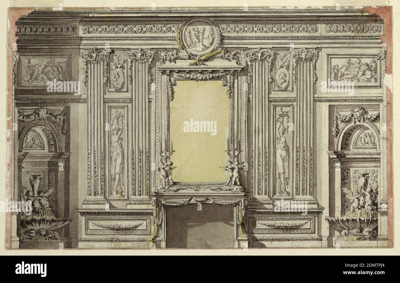 Elevazione di una parete interna con Chimneypiece, Jean-Charles Delafosse, francese, 1734–1791, penna e inchiostro nero, pennello e giallo, rosa e grigio lavaggio, UN vetro che guarda è nel mantello over. Putti formano basi di candelabra su mensola di mantelli. Mantello fiancheggiante sono due donne che portano cesti sulla loro testa, medaglioni sopra, definiti da pilasters scanalati. In nicchie su entrambi i lati sono putti che giocano in fontane a forma di conchiglia., Francia, 1770–80, architettura, interni, disegno Foto Stock