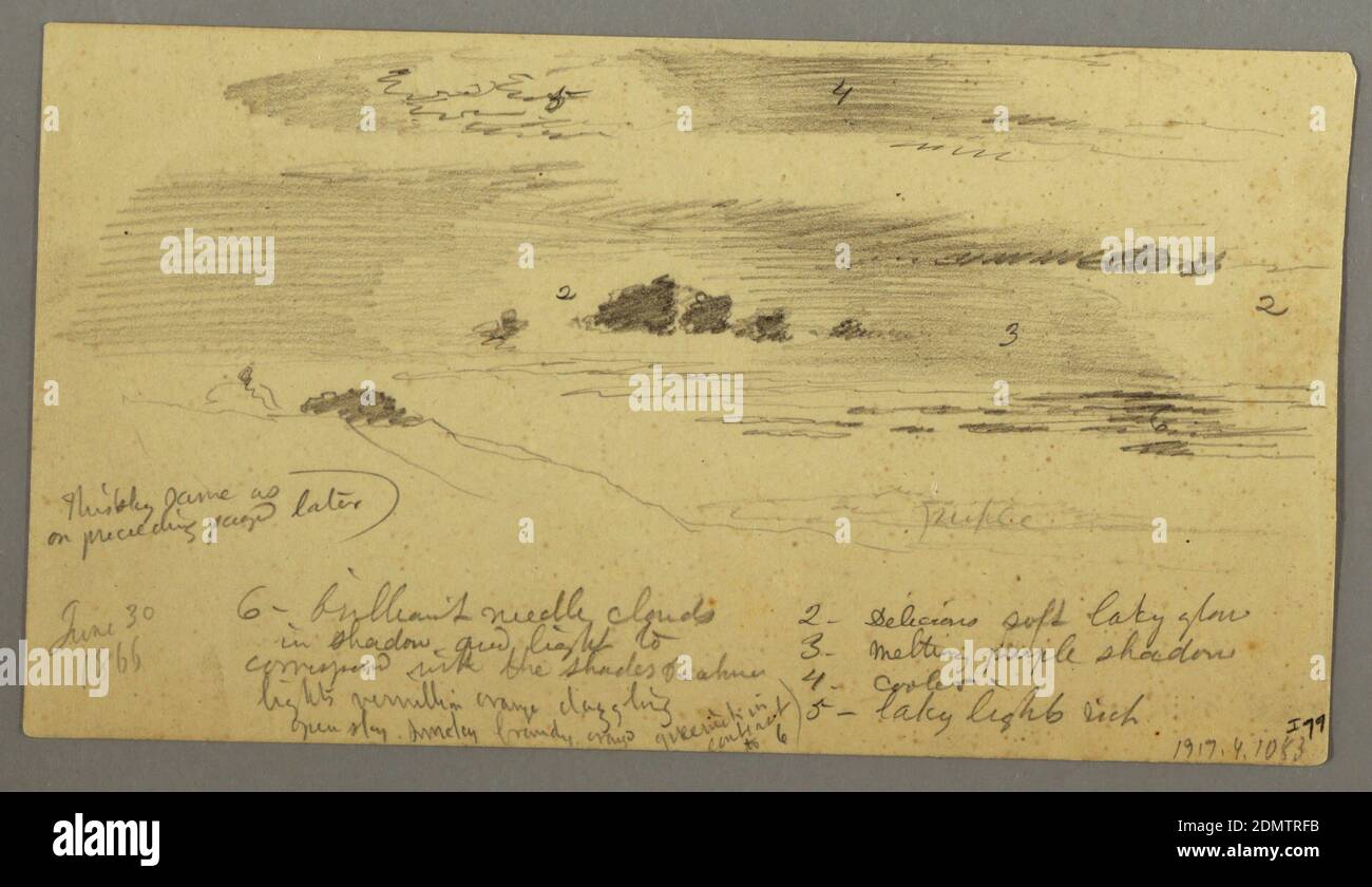 Landscape Sketch, Hudson Valley, New York, Frederic Edwin Church, American, 1826–1900, Graphite on cream wove paper, verso: Studio del cielo, tramonto sulla riva, nebbia sul fiume e sulle colline, USA, 30 giugno 1866, Paesaggi, disegno Foto Stock