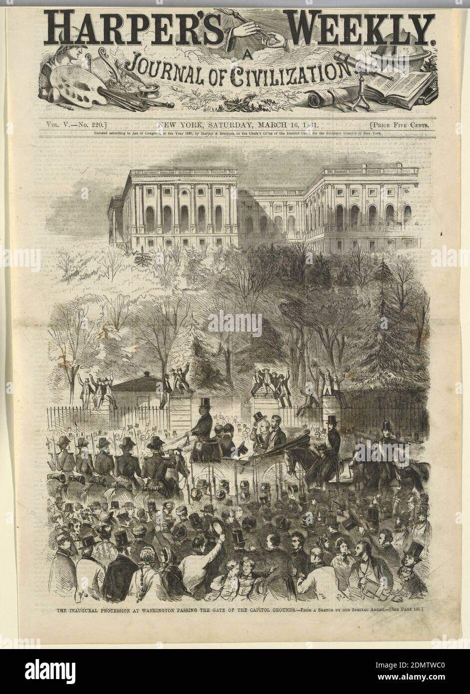 La Processione Inaugurale a Washington passando la porta del Campidoglio, da Harper's Weekly, 16 marzo 1861, pag. 161., incisione in legno in inchiostro nero su carta da giornale, vista verticale che mostra una carrozza aperta che si muove verso sinistra con Lincoln e Buchanan seduti in esso. Le folle sono visibili in primo piano, così come i soldati montati, e gli uomini sono seduti sui gategole sullo sfondo, con una parte del palazzo del Campidoglio visibile sullo sfondo estremo., 16 novembre 1861, disegno grafico, Stampa Foto Stock