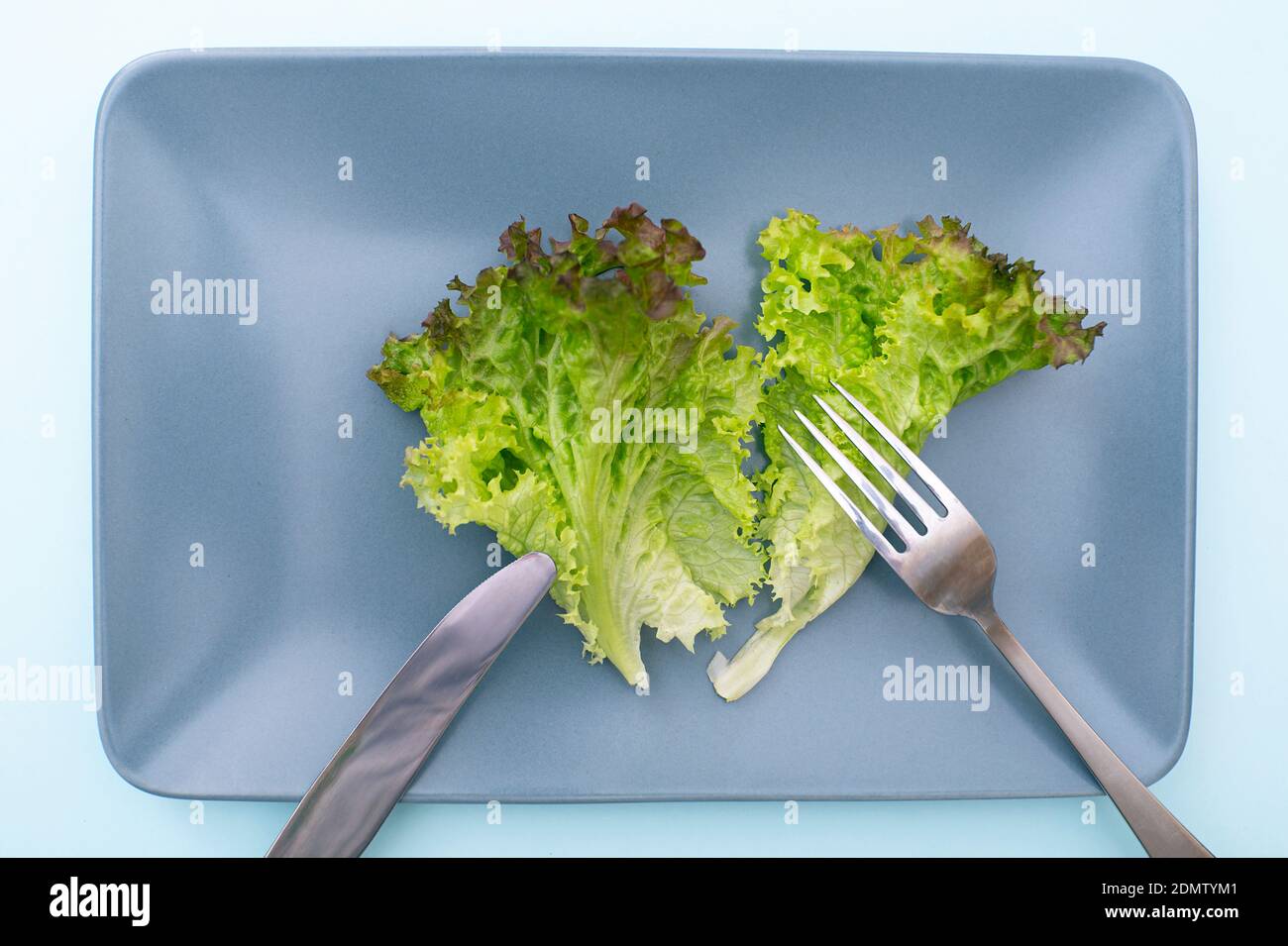 Piatto con foglie di insalata verde lattuga, coltello e forchetta, idea di cibo vegano, perdita di peso, nutrizione sana Foto Stock
