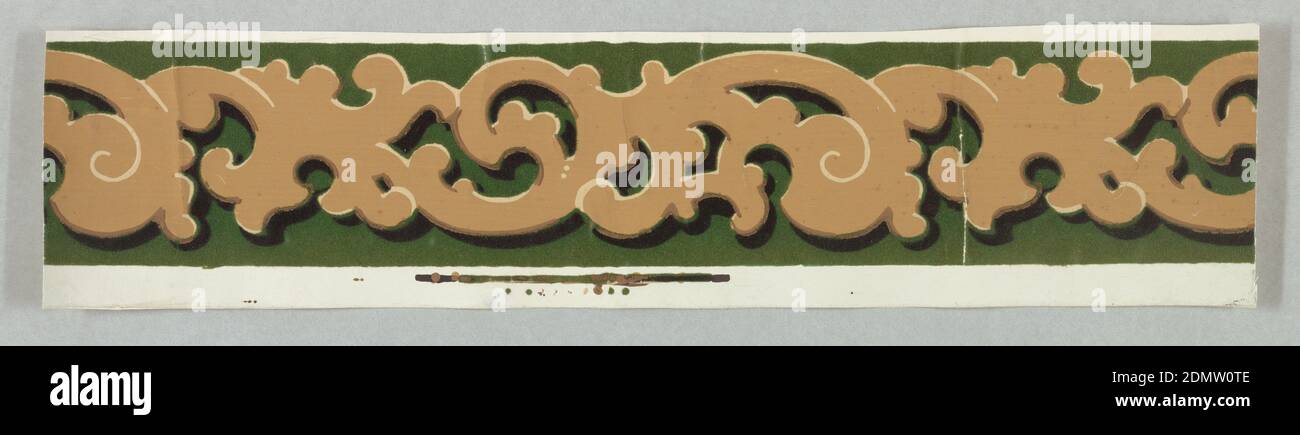 Bordo, stampato a blocchi e floccato, Tan scrollwork banding su sfondo verde floccato., forse Francia, 1850–75, Wallcoverings, Border Foto Stock