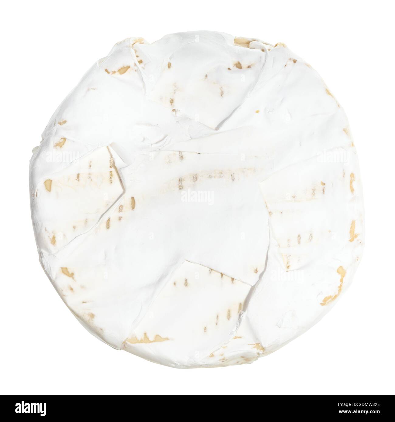 vista dall'alto del formaggio morbido con stampo bianco isolato sfondo bianco Foto Stock