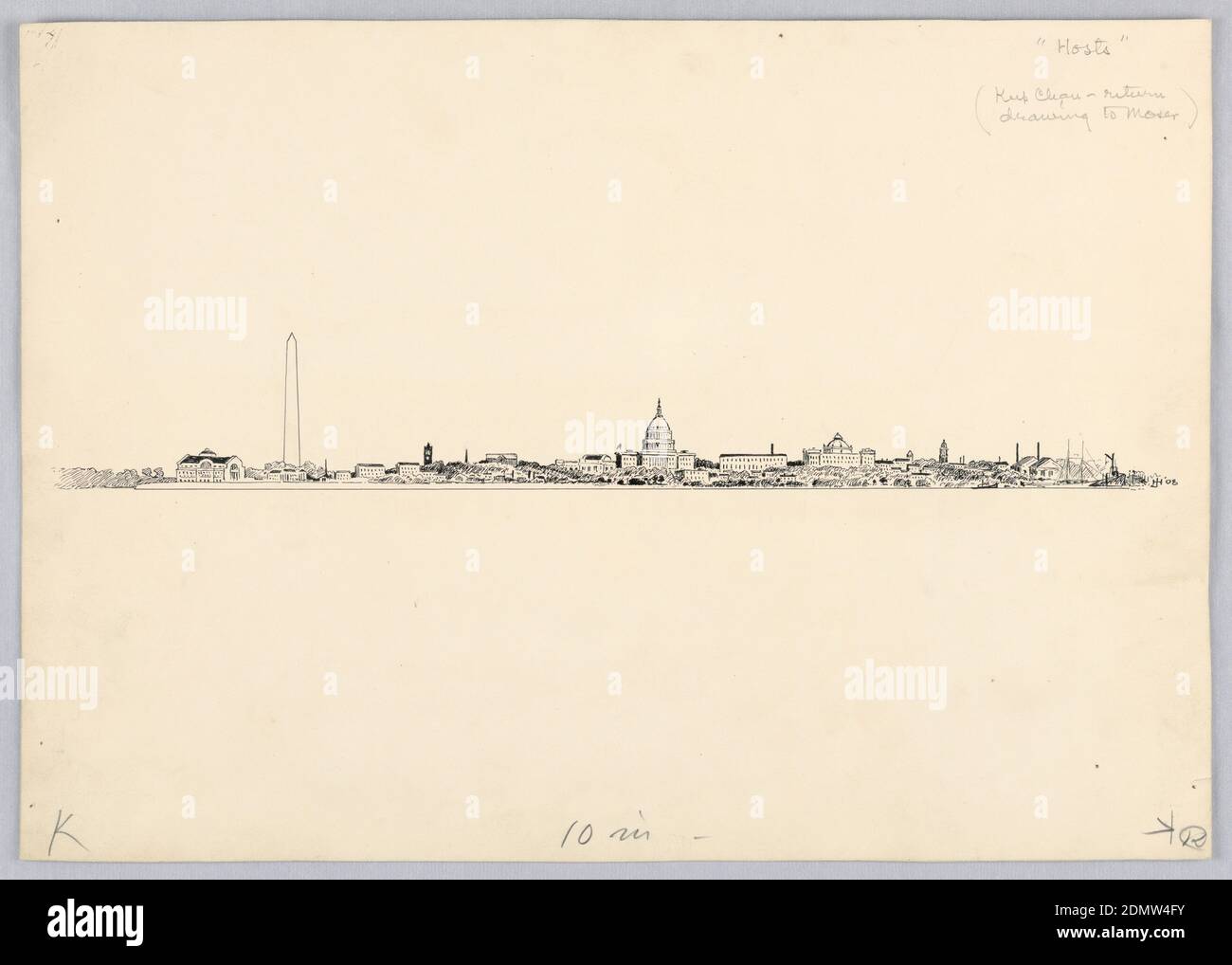 Washington Skyline, Design for Washington Board of Trade Dinner, 13 maggio 1908, James Henry Moser, Canada, 1854–1913, penna e inchiostro nero, grafite su tavola sottile, Vista di Washington, D.C., skyline dal Potomac. Washington Monument a sinistra e Capitol Building, centro, con altri edifici e una nave, all'estrema destra., 1908, architettura, disegno Foto Stock