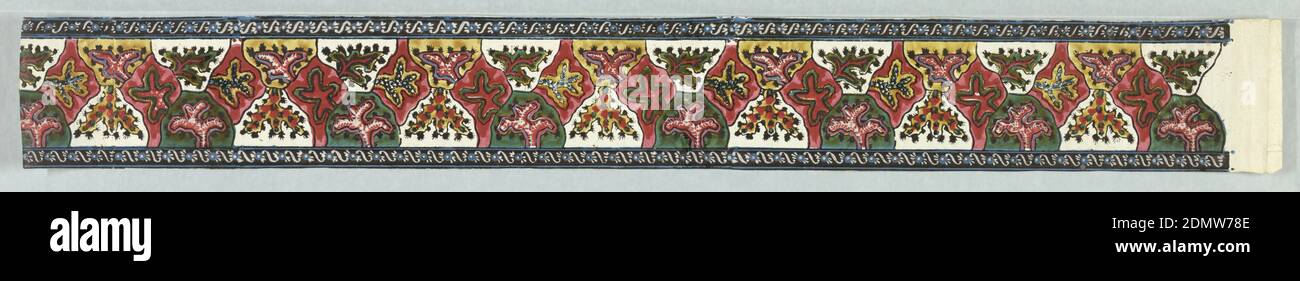 Bordo, stampato a blocchi su carta fatta a mano, Design consiste in una 'patchwork style' di forme irregolari contenenti alberi stilizzati. Gli edgings sono l'uno contrario all'altro: Bande strette di forme a s o a s inversa che collegano dischi parzialmente petallati. Stampato in rosso, giallo, blu, verde, nero e bianco, N. H 194, Francia, 1820–40, Wallcoverings, Border Foto Stock