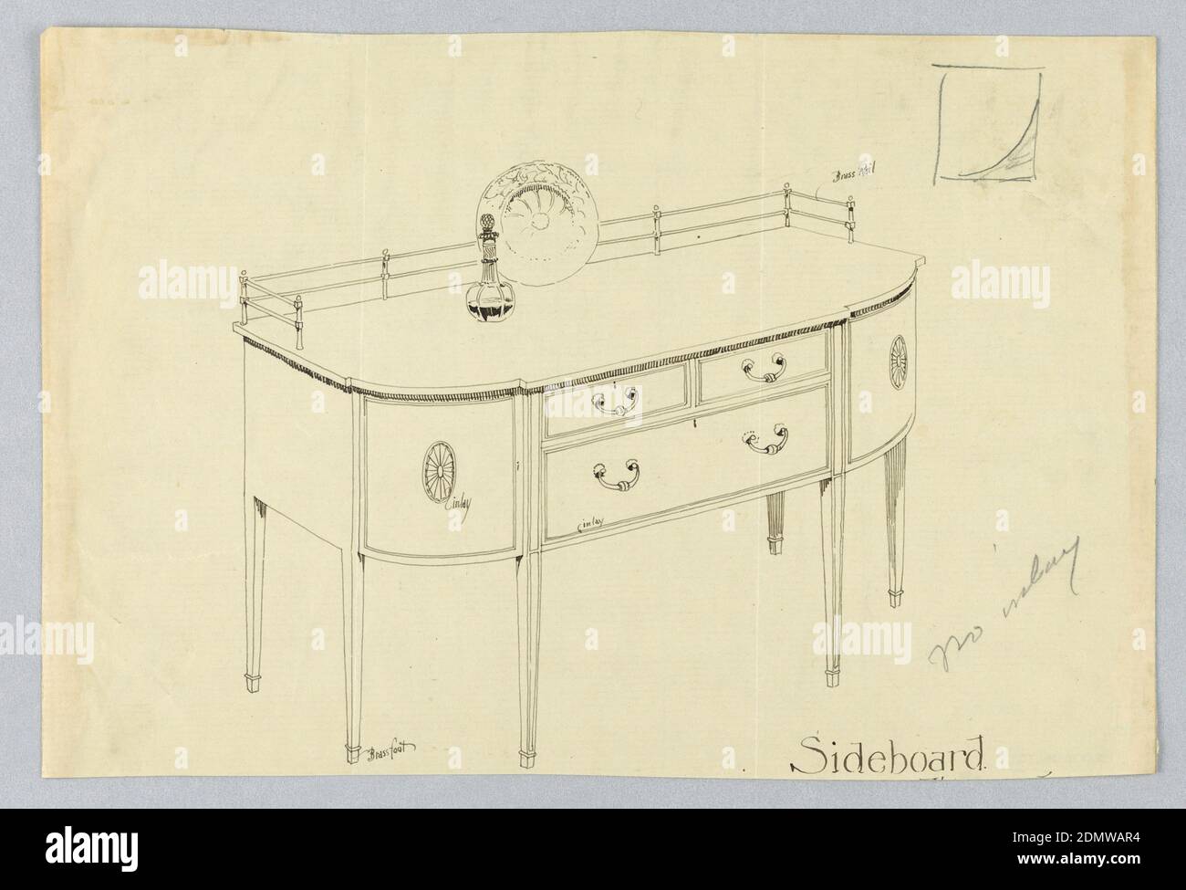 Design per sponda laterale con guida in ottone e piedini in ottone, A.N. Davenport Co., penna e inchiostro nero, qualche grafite, su carta sottile crema, sponda rettangolare con angoli arrotondati e sei gambe dritte coniche; la parte anteriore piatta ha tre cassetti: Due più piccoli affiancati su uno più grande; pannelli laterali decorati con medaglioni di patera; guida in ottone sul retro della parte superiore; Schizzo del decanter del vino e del piatto in cima alla sponda laterale; anche leggero schizzo dell'angolo superiore destro rettangolare., 1900–05, mobili, disegno Foto Stock