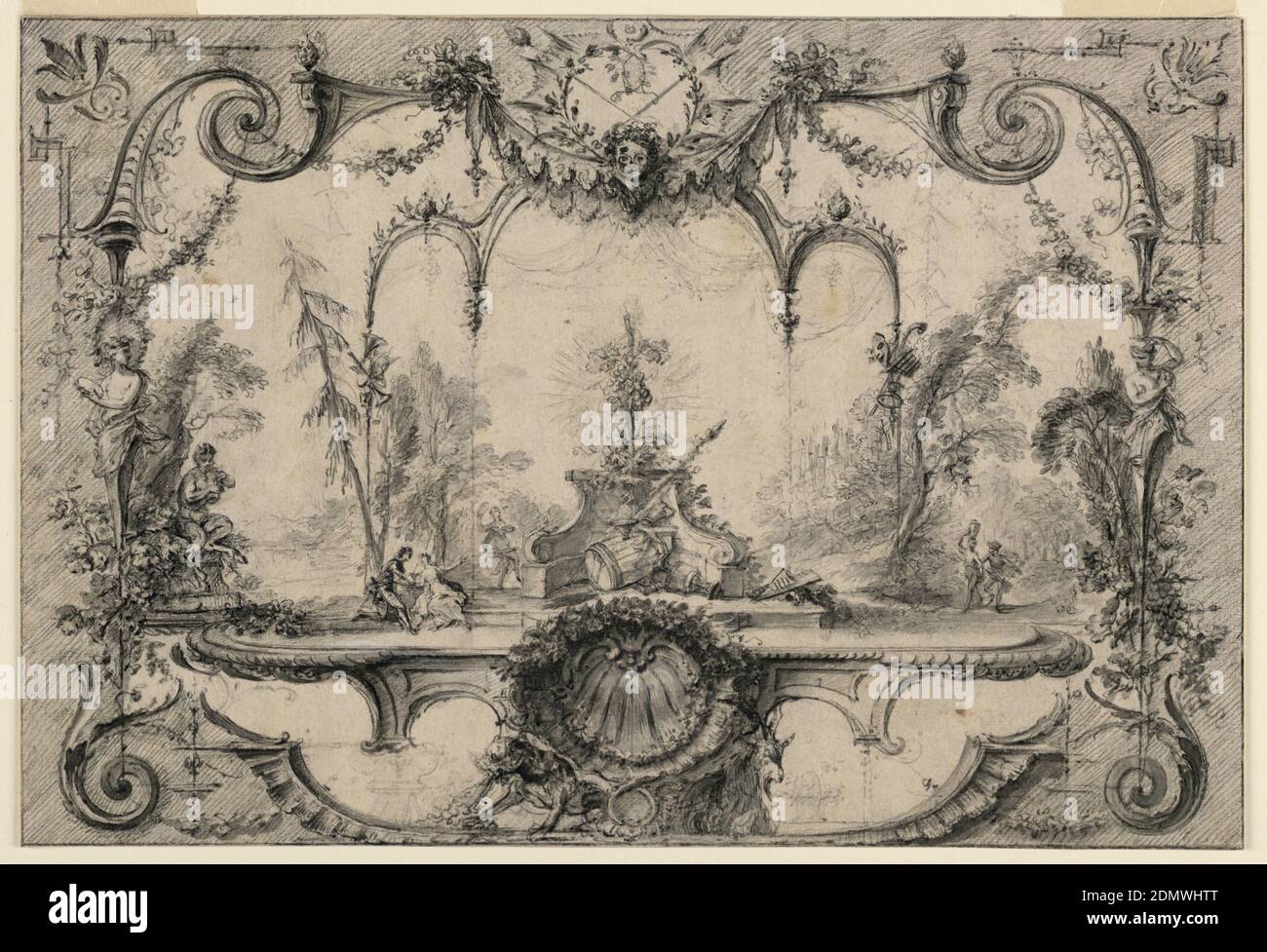 Giardini di Bacco, Gabriel Huquier, francese, 1695–1772, Antoine Watteau, (francese, 1684–1721), gesso nero, pennello e inchiostro nero, lavaggio, tracce di stilo su carta bianca spessa, foderata, al centro, e l'altare con i simboli dell'uva, con i gruppi di figure ai lati, è incastonato in un paesaggio, incorniciato da un arco pensile triplo. In basso, un doppio guscio con un cane e una capra; quadro arabesco composto da erme, maschere, ghirlande e ornamenti ad ala di pipistrelli. (RPW '61)., Parigi, Francia, Francia, ca. 1730, ornamento, disegno Foto Stock