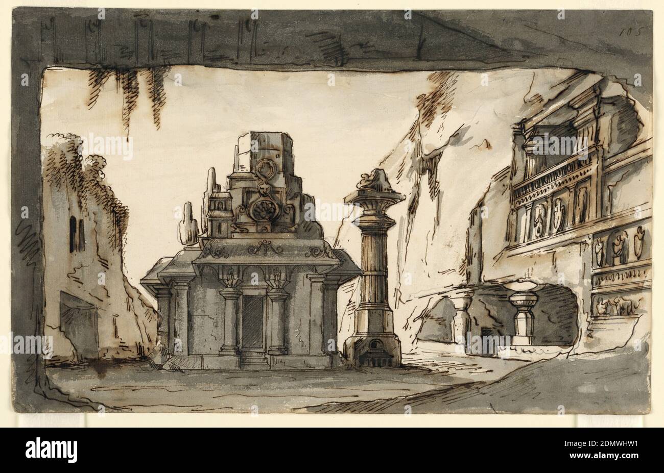 Scenografia, edifici orientali tra grotte e rocce, Romolo Achille Liverani, Italiano, 1809 - 1872, Alessandro Sanquirico, Italiano, 1777 - 1849, inchiostro penna e seppia, pennello e lavaggio su carta, rettangolo orizzontale. Costruzione in forma di tempio vicino a grotte in cui sono lavorate colonne e rilievi., Italia, primi del 19 ° secolo, teatro, disegno Foto Stock