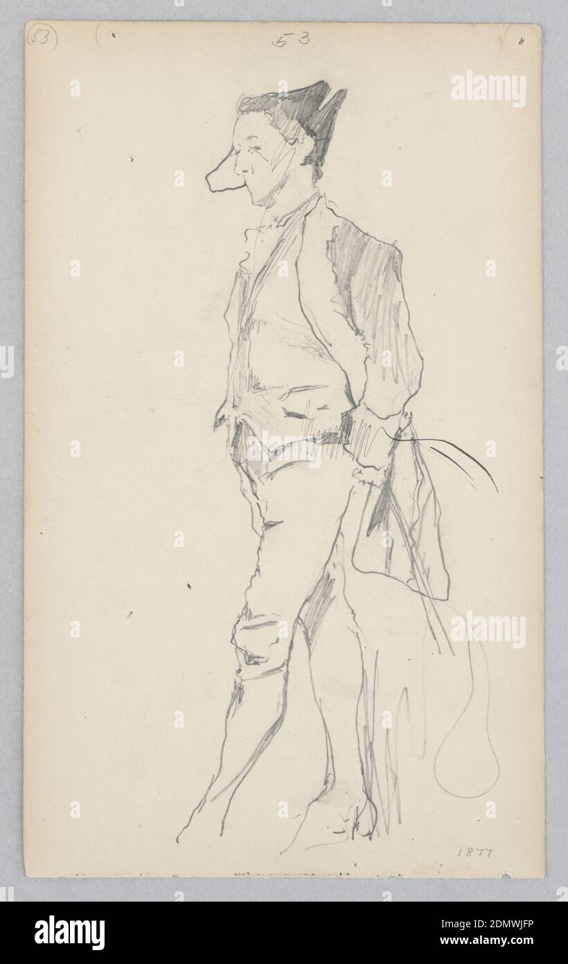 Uomo, Robert Frederick Blum, americano, 1857–1903, grafite su carta wove, disegno di profilo di una figura maschile in piedi indossando un cappotto, gilet, pantaloni, e cappello., USA, 1877, figure, disegno Foto Stock