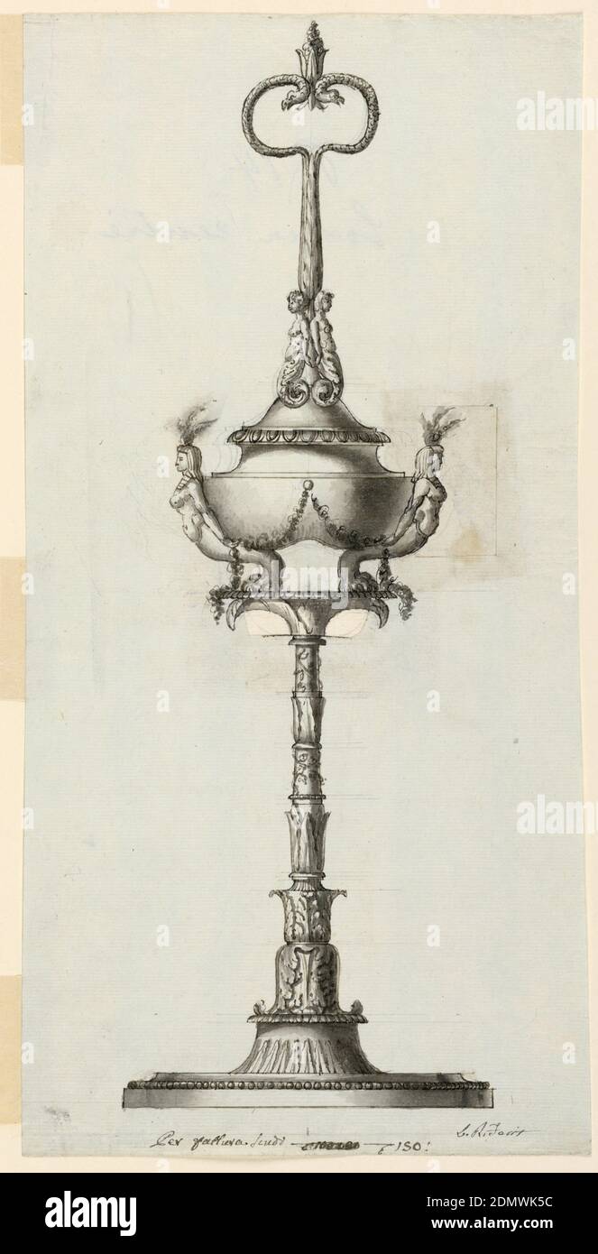 Design per lampada ad olio, Luigi Righetti, 1780 - 1819, penna e inchiostro, lavaggio a spazzola e seppia, acquerello grigio, grafite su carta blu chiaro, rettangolo verticale. Su uno stand alto fogliato il corpo della lampada è sostenuto dai piedi leoni di semi-figure di donne egiziane, le cui teste fungono da beccucci. Copertura con manico alto, che termina sopra in due serpenti, circondata sotto da semifinite di donne. Iscrizione in basso. Per la capitale dello stand e per la mezza figura a destra è stato applicato un nuovo foglio di carta o la carta originariamente utilizzata ritagliata e tornita., Roma, Italia Foto Stock