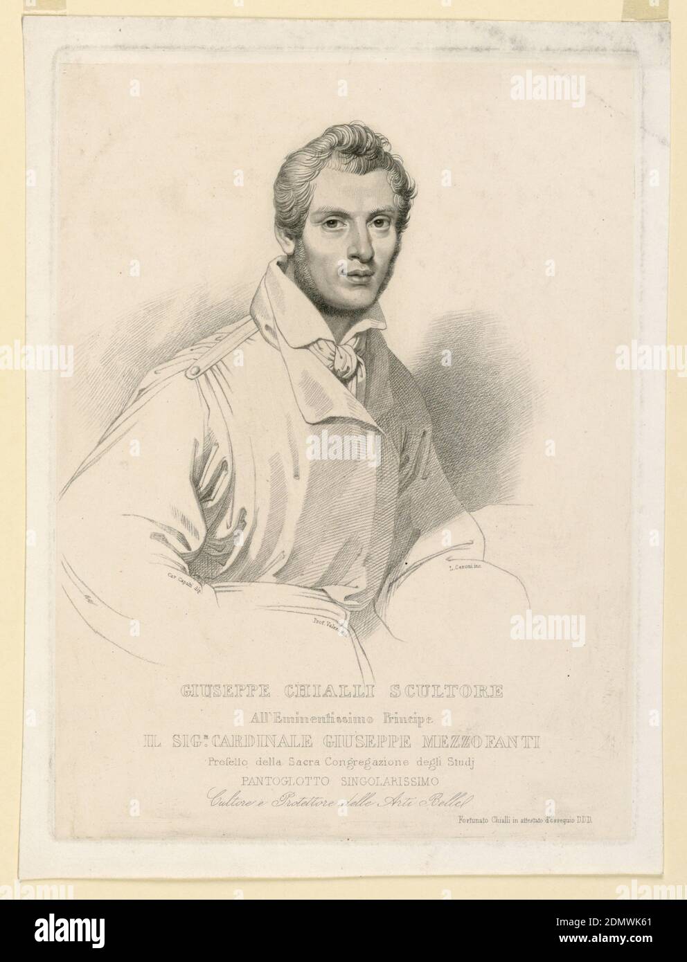 Ritratto di Giuseppe Chialli (attivo 1800-1839), Luigi Ceroni, Silvestro Valeri, italiano, 1814 - 1902, Alessandro Capalti, italiano, 1810 - 1868, incisione in modalità pastello su carta, ritratto a mezza lunghezza in vista di tre quarti verso destra. Il sitter è in piedi, appoggiato sul braccio sinistro. Inscritto, in basso a sinistra: 'CAV Capalti dip'; centro: 'Prof. Valeri dis'; in basso a destra: 'L. Ceroni inc.'; in basso: Dedica al Cardinale Giuseppe Mezzofanti in italiano, Italia, ca. 1860, Stampa Foto Stock