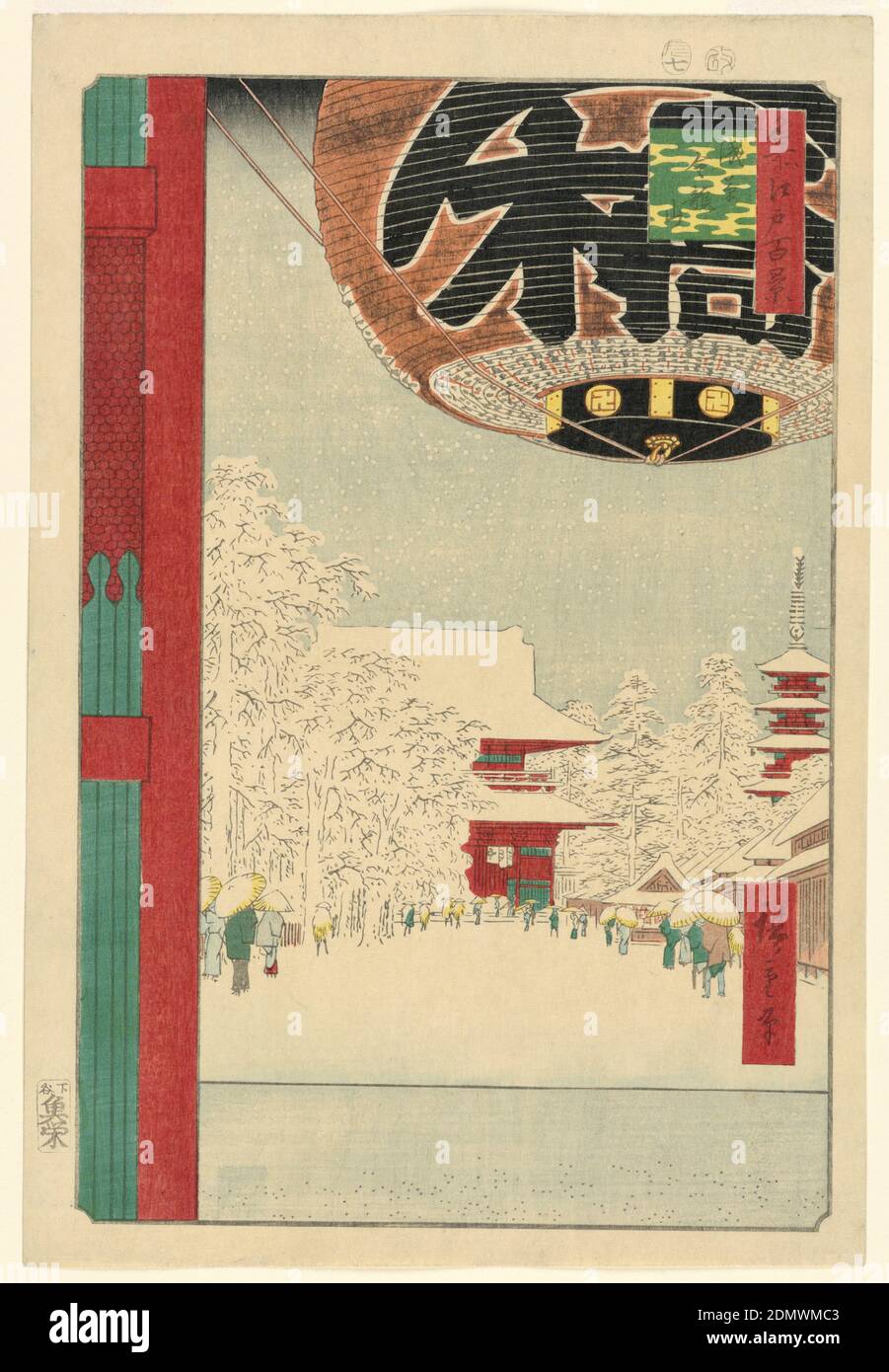 Tempio di Asakua, n. 99 da cento viste famose di Edo (Asakua Kinnyuzan), Ando Hiroshige, giapponese, 1797–1858, stampa a blocchi di legno in inchiostro colorato su carta, una vista invernale di Asakusa Kannon, il più antico tempio buddista della città. Il lato sinistro mostra la porta del tuono (Kaminarimon) e la famosa lanterna enorme sopra. In lontananza è mostrata la porta dei due Re, che è stato chiamato in base alle divinità su entrambi i lati. Il lato destro mostra una pagoda a cinque piani. La scena è coperta di fiocchi di neve. I tetti sono spolverati uniformemente con la neve e il terreno contiene un motivo di piccoli punti goffrati Foto Stock