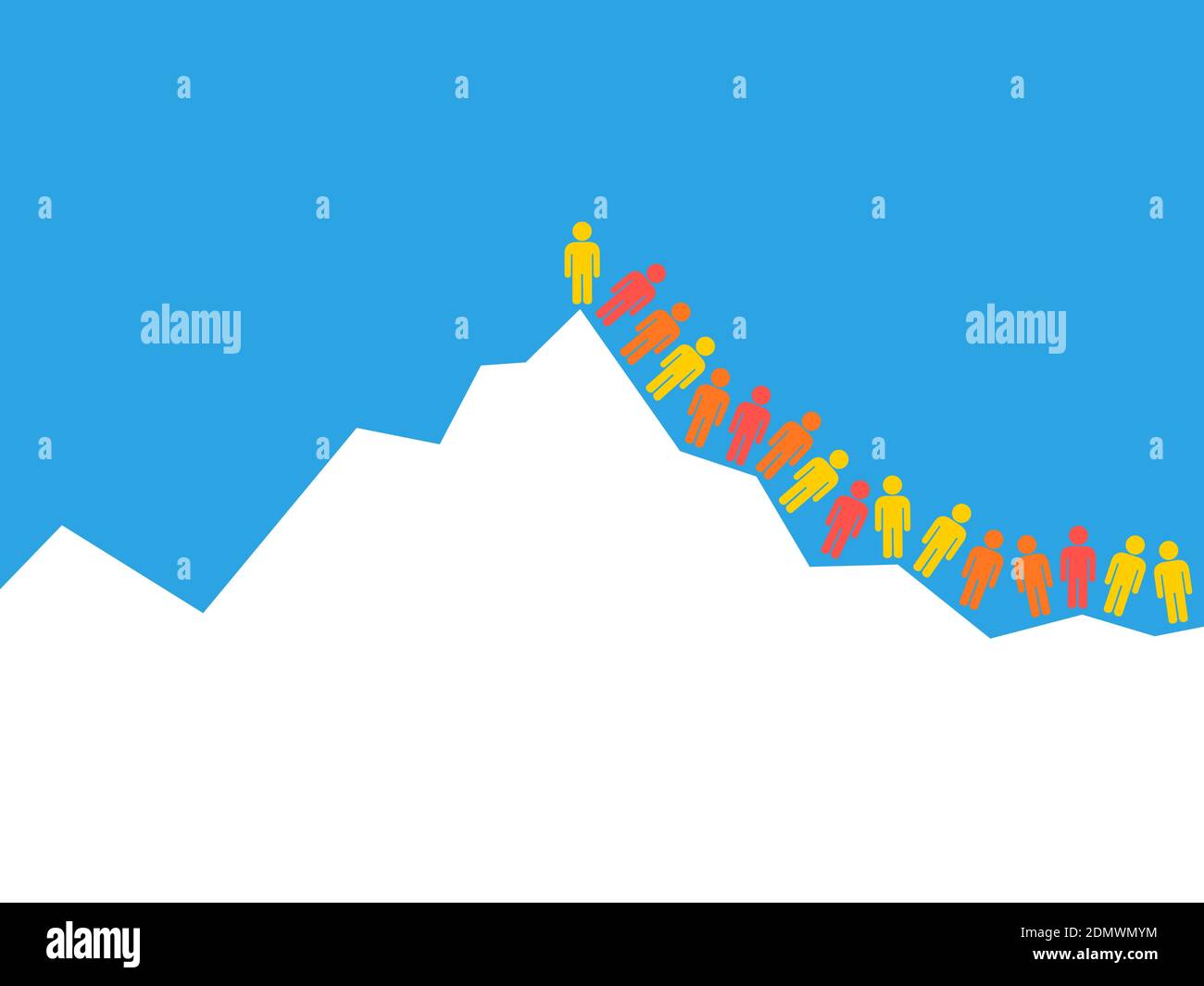 Folla di alpinisti e alpinisti sta salendo fino alla cima, cima e cima della montagna - metafora di sovraffollamento, ingorgo e dangerou Foto Stock