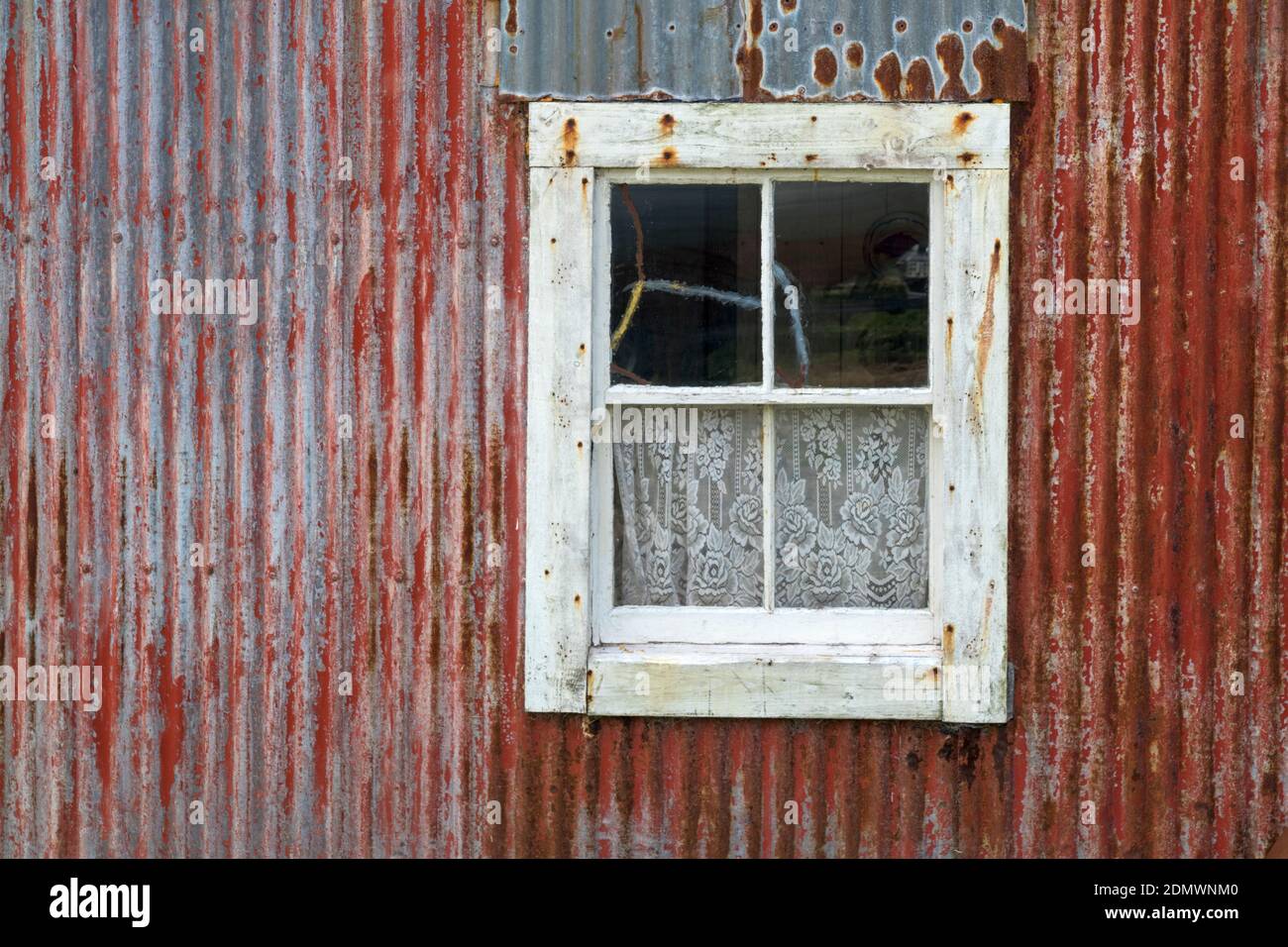 Finestra in vecchio croft di ferro corrugato a Hushinish, Isola di Harris, Scozia Foto Stock