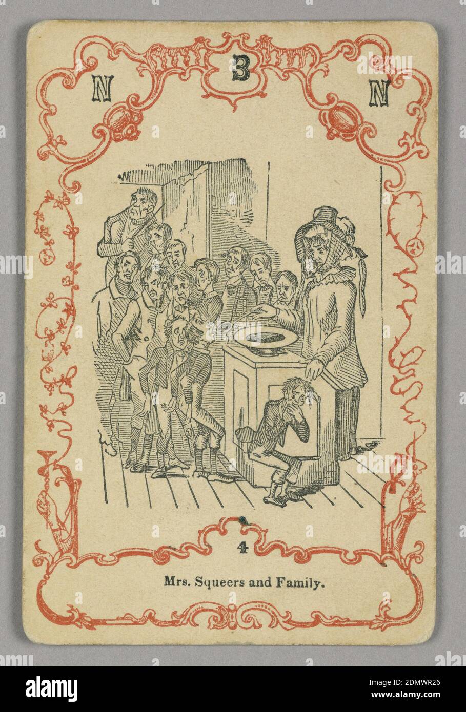 Carta da gioco, inchiostro rosso e nero, carta, in alto: N 3 N; sotto immagine centrale: 4, Europa, ca. 1855, carta da gioco Foto Stock