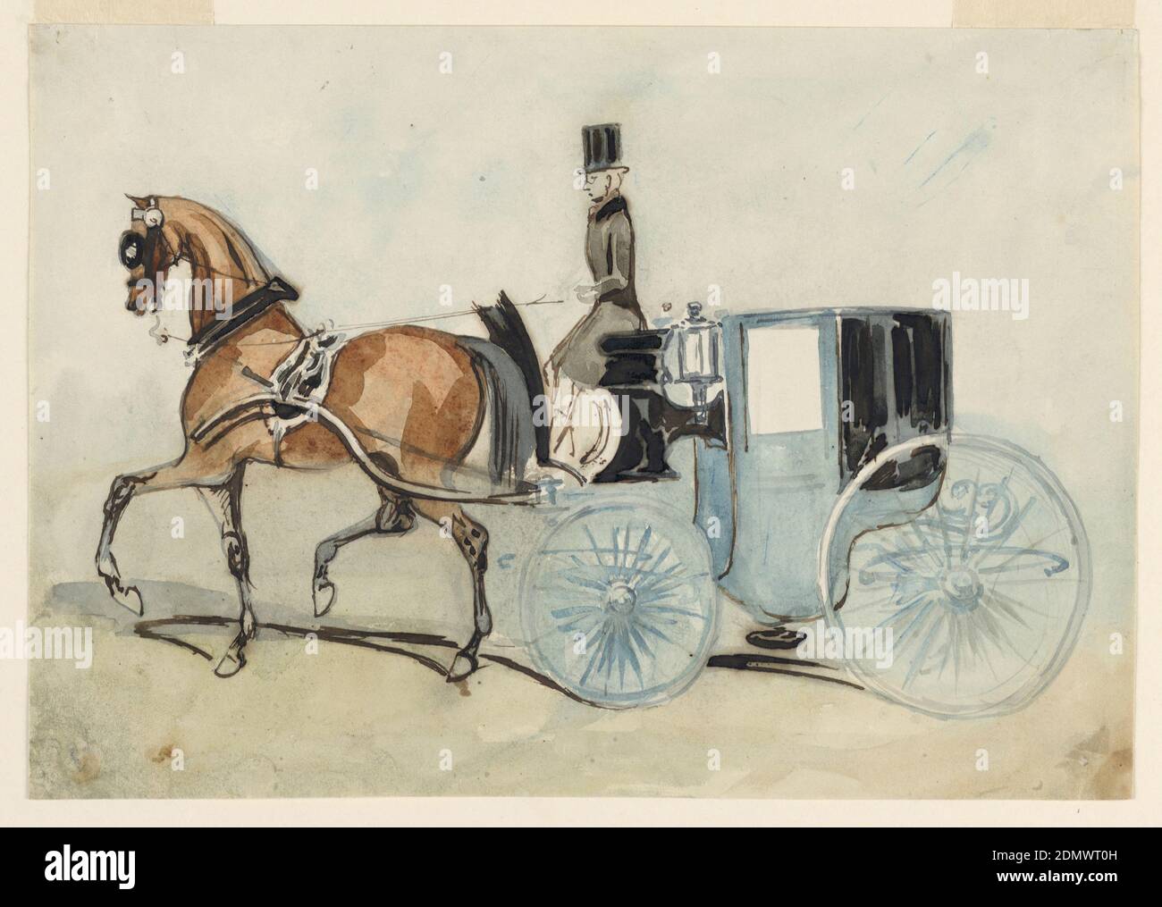 The Blue Brougham, Constantin Guys, francese, 1802 – 1892, penna e inchiostro nero, pennello e acquerello su carta, rettangolo orizzontale. un brougham blu disegnato da un cavallo marrone-castano con imbragatura nera con supporti argentati. Coachman guida la carrozza in livrea nera; sfondo grigio-blu., Francia, ca. 1860, figure, disegno Foto Stock