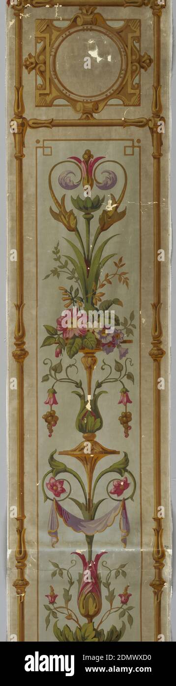 Parete laterale, stampata a blocchi, striscia verticale incorniciata in tre sezioni separate. Confina con un tiro di vegetazione simile a un bastone, circondato da un terreno di crema. Campo all'interno del bordo blu, con scivoli e ghirlande; medaglioni in due sezione superiore, uccelli in sezione inferiore., Inghilterra, ca. 1860, rivestimenti, pareti laterali Foto Stock