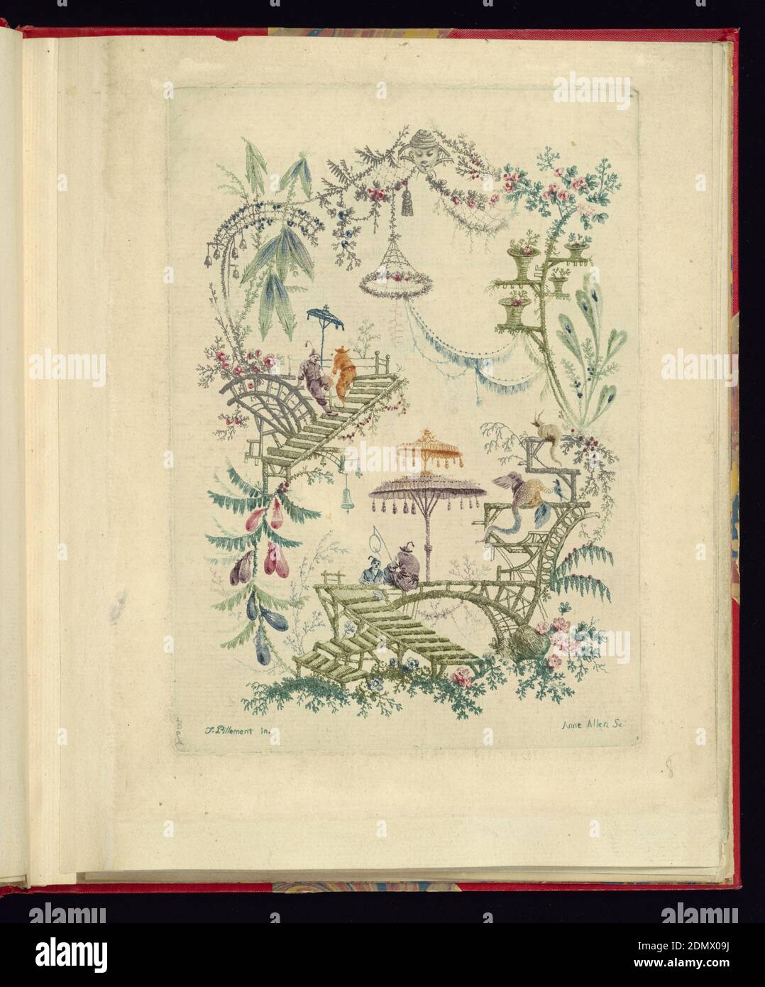 Design ornamentale da 'Nouvelle suite de cahiers chinois a l'usage des Dessinateurs et des peintres', No.2, Inventes et dessines par Jean Pillement. Graves par Anne Allen., Jean-Baptiste Pillement, francese, 1728–1808, Anne Allen, inglese, Francia attiva, ca. 1750–1810, acquaforte con inchiostri colorati à la poupé su carta deparata biancastra, cartouche irregolare con figure che pescano al centro in un paesaggio esotico circondato da flora e strutture all'aperto., Francia, dopo il 1775, ornamento, Stampa Foto Stock