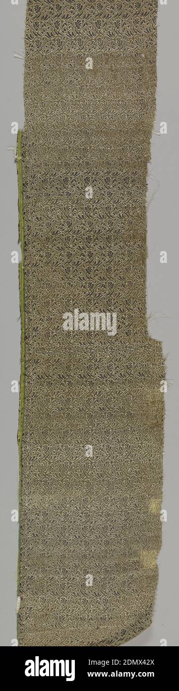 Fragment, Medium: silk Technique; supplementary wefts in satin foundation, Compactly placed angular leaves. Selvage at left., 17th century, woven textiles, Fragment Foto Stock