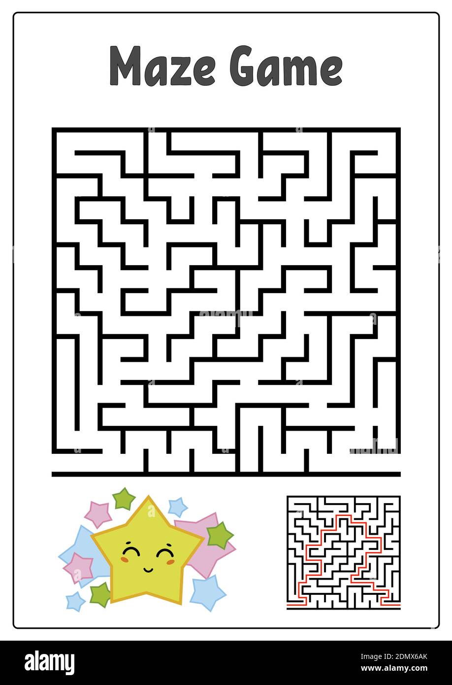 Labirinto quadrato astratto. Fogli di lavoro per bambini. Puzzle di gioco per bambini. Stella divertente e fungo su sfondo bianco. Un ingresso, un'uscita. Labirinto con Illustrazione Vettoriale