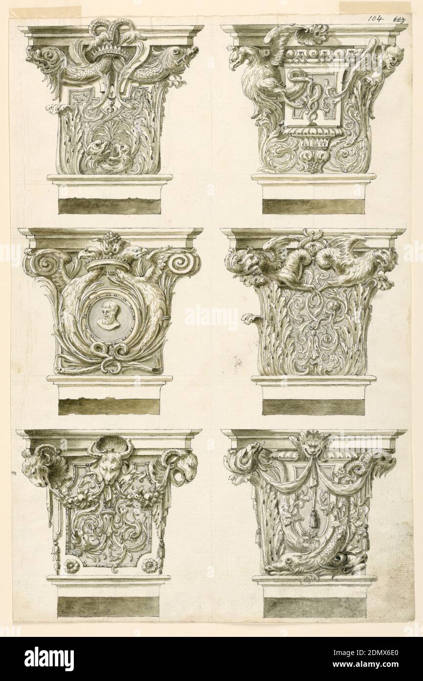 Sei capitelli di pilastri, con proposte alternative, Filippo Marchionni, italiano, 1732–1805, penna e inchiostro nero, pennello e marrone, lavaggio grigio, tracce di grafite su carta defilata biancastra, 1)due delfini, un pannello con rincelli e teste animali; 2) a sinistra, la mezza figura di un'aquila, a destra, con testa e ali di un satiro; al centro un capitale su un oggetto a vaso; 3) con un medaglione contenente il busto di un uomo bearded, incorniciato da due mezze figure di aquile e fissato al collo da una corona; 4) draghi e rinceaux; 5) con la testa di ariete agli angoli e al centro Foto Stock