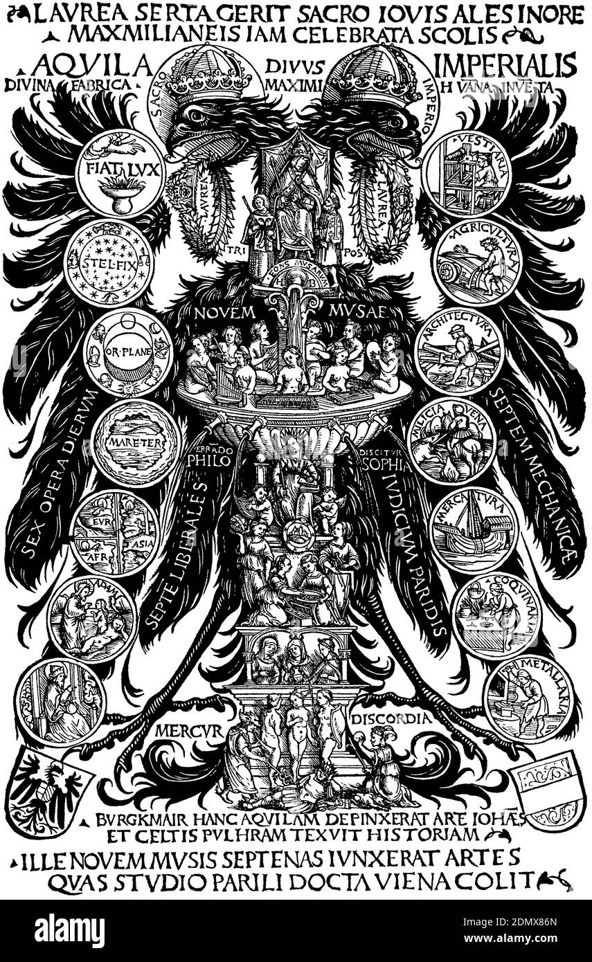 L'imperatore Massimiliano, Impero Asburgico, Burgkmair, mit Darstellung Maximilians I., auf den Medaillons die 7 Schöpfungstage und die 7 Mechanischen Künste. Foto Stock
