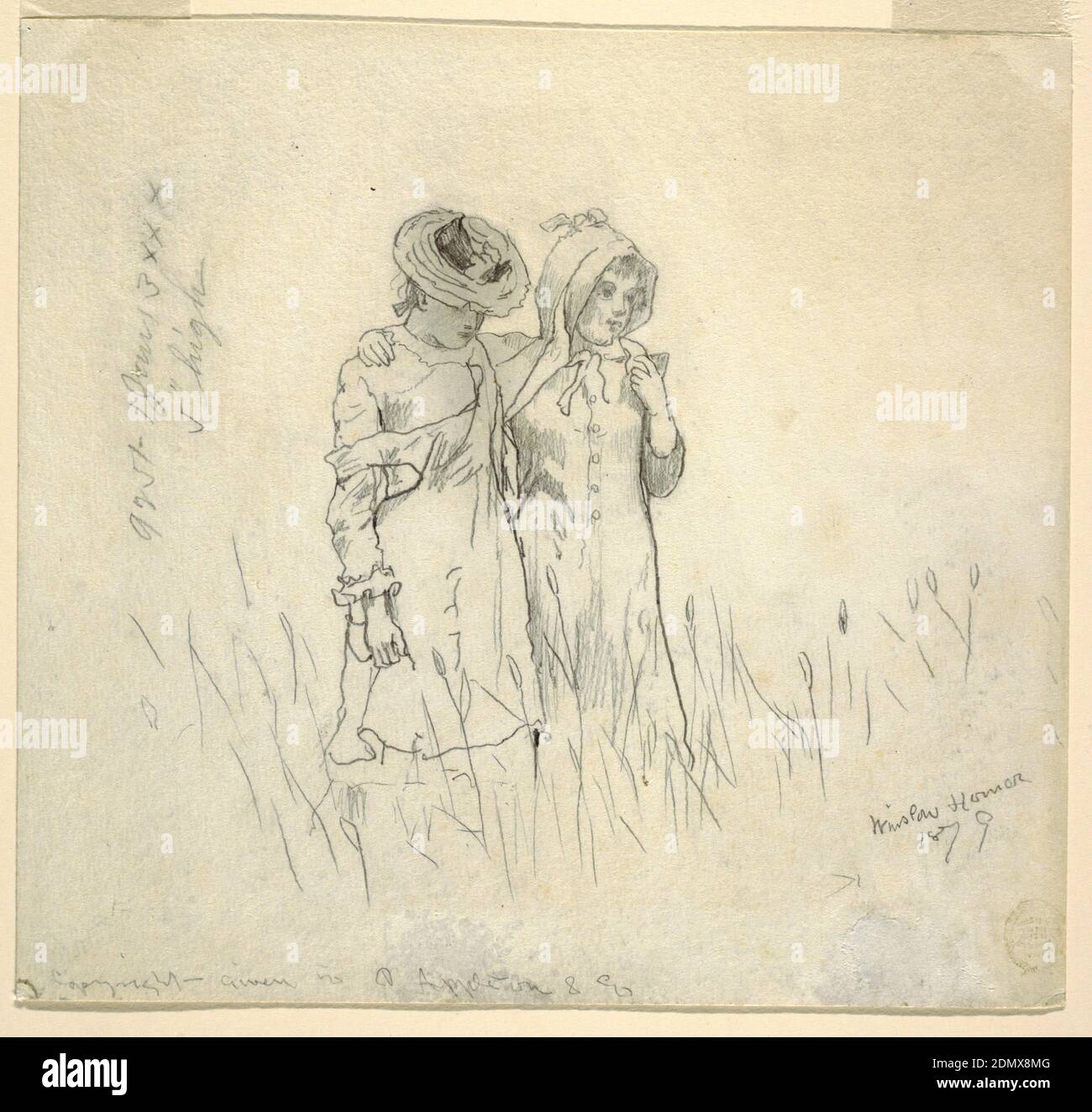 Due ragazze in un campo, Winslow Homer, americano, 1836–1910, grafite su carta bianca, due ragazze camminano in un campo, le loro braccia intorno alle spalle l'una dell'altra, catturate in un momento di tranquilla contemplazione, come spesso le possibilità sugli amici catturati in un pomeriggio pastorale estivo lucido., USA, 1879, figure, disegno Foto Stock