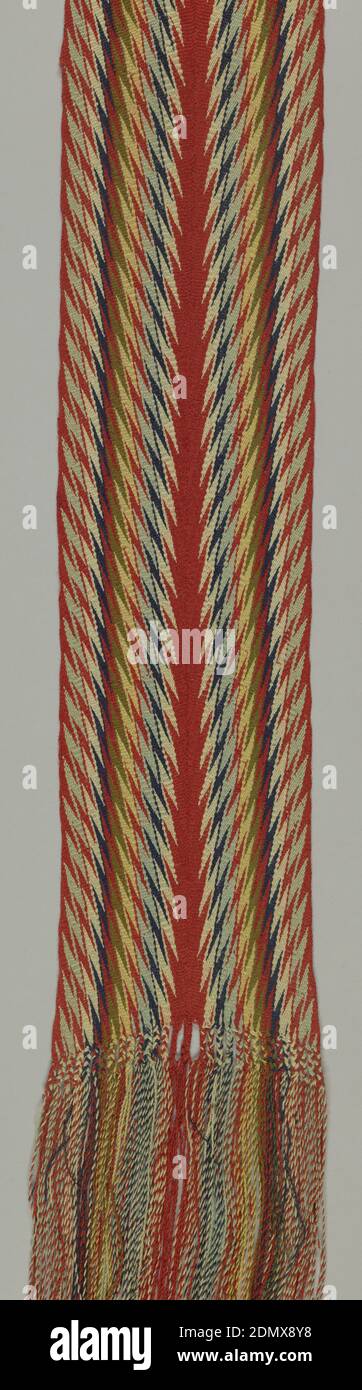 Sash, Medium: Tecnica lana: Interlacciatura diagonale, sash lungo e stretto con frange ad ogni estremità con modello di cevrin. Conosciuto come 'ceinture flêche'., 19 ° secolo, Sash Foto Stock