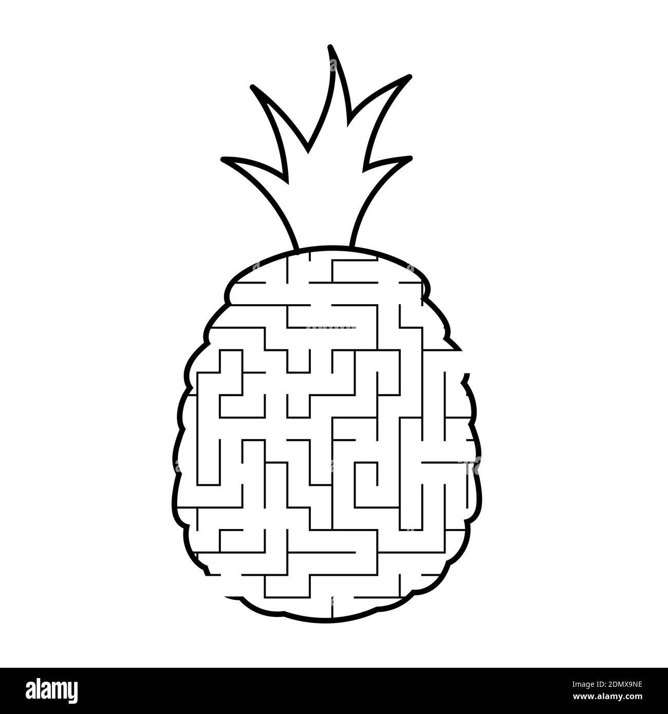 Labirinto ananas. Gioco per bambini. Puzzle per bambini. Stile cartone animato. Tamburo a labirinto. Illustrazione vettoriale in bianco e nero. Lo sviluppo di logica Illustrazione Vettoriale
