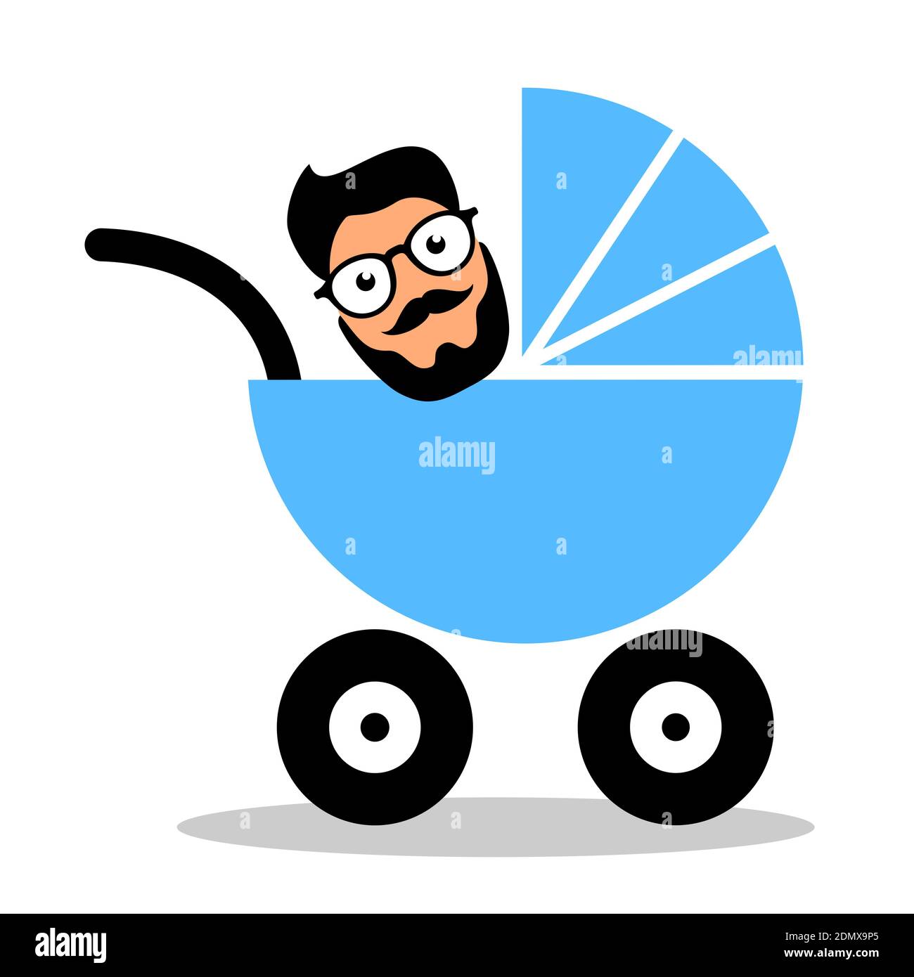 L'uomo adulto infantile, immaturo e infantile si trova in una carrozza per bambini. Maschi e immaturità. Illustrazione vettoriale isolata in bianco. Foto Stock