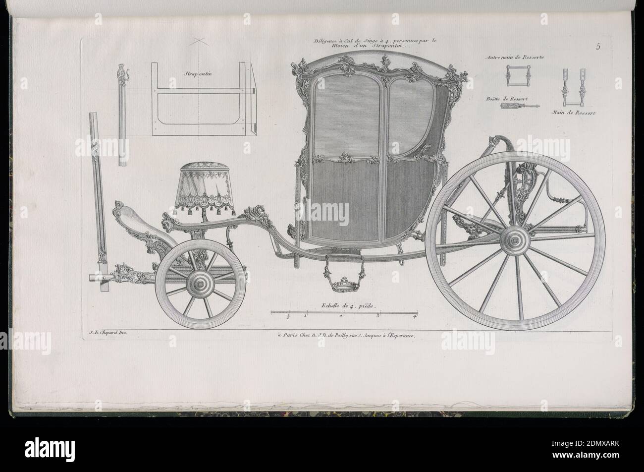 Plate 5, Diligence à cUL de Singe à 4 Personnes par le Moien d’un Strapontin (Stage Coach in the Monkey’s Bottom Style per quattro persone per mezzo di un sedile pieghevole), Modèles de Voitures Louis XV (modelli di Louis Carriages XV), Jean-François Chopard, francese, attivo XVIII secolo, Jean-François Chopard, Francese, attivo 18 ° secolo, Nicolas Jean-Baptiste de Poilly, francese, 1712–dopo 1758, incisione su carta, lastra 5, Folio 5 di una serie di 13 stampe di disegni per carrozze o pullman. Carrozza decorata in motivi rococò, mostrata in elevazione Foto Stock