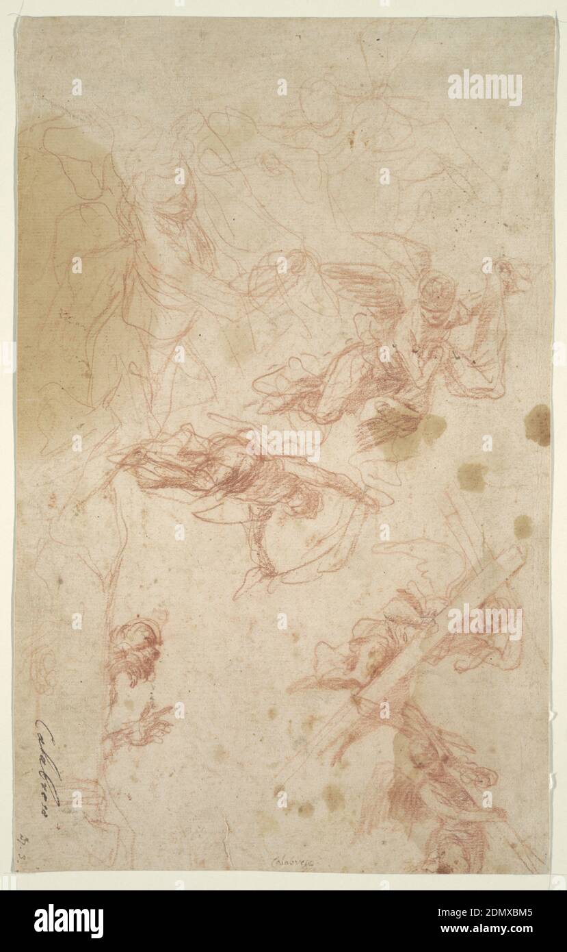 Angeli che portano la Santa Croce e la Sindone, Mattia Preti, italiano,  1613 - 1699, gesso rosso su carta, bozzetti di due angeli alati che volano  e che portano ciascuno un grande