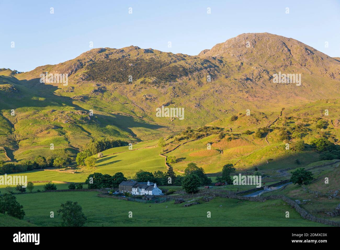 Little Langdale, Cumbria, Inghilterra. Vista attraverso i campi verdi per Fell Foot Farm e la cima di Wetherlam, alba. Foto Stock