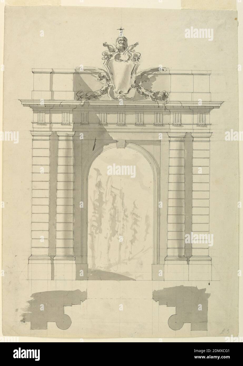 Progettazione di un'elevazione e di una pianta di una porta che porta in un Parco, Filippo Marchionni, 1732–1805, grafite, penna e inchiostro nero, pennello e acquerello grigio su carta posata, rettangolo verticale. In cima, l'elevazione di una porta. Il telaio della porta è oblungo; l'apertura della porta ha forma di semicerchio. L'entablatura con un fregio triglicifero sporge lateralmente ed è supportata da una colonna annegata e da un pilaster su ciascun lato. I supporti sono dorici e sono costituiti da blocchi e punti. Sopra si trova una soffitta con uno stemma papale di fronte alla sua parte centrale con vista sul parco. Schema in basso Foto Stock